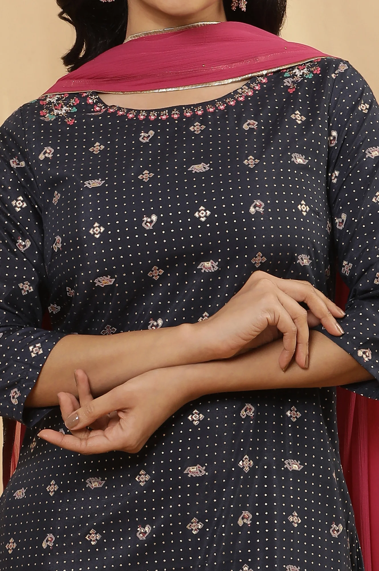 Blue Embroidered A-Line Kurta, Pants And Dupatta Set - Image 6