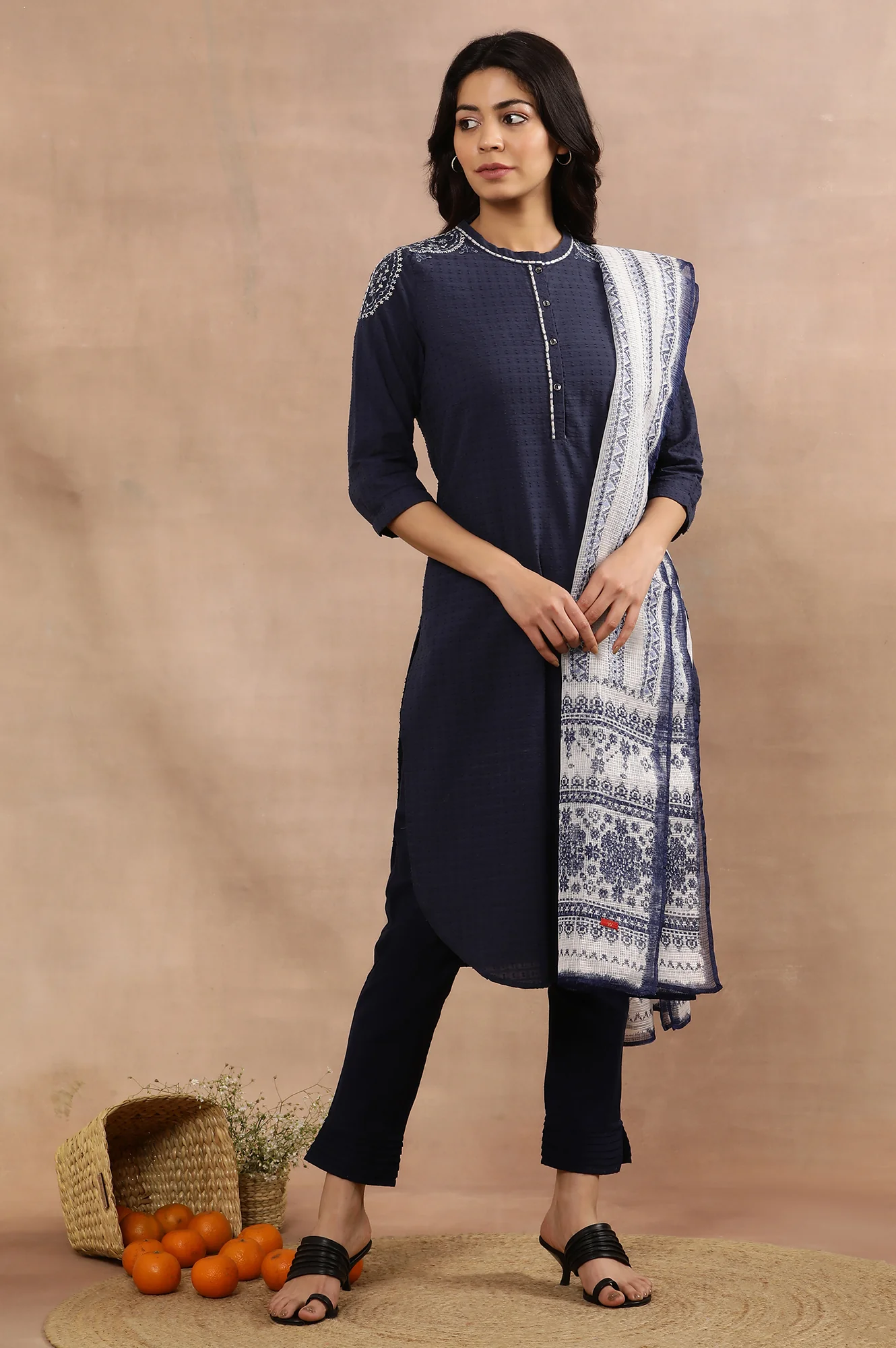 Blue Embroidered Cotton Kurta, Pants And Kota Dupatta Set - Image 2