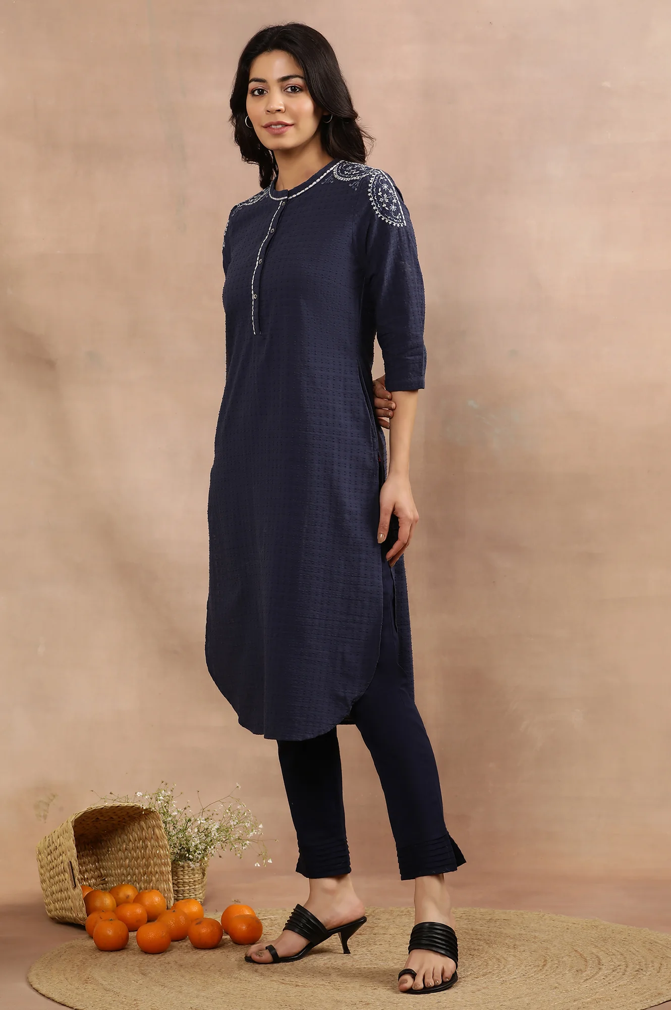 Blue Embroidered Cotton Kurta, Pants And Kota Dupatta Set - Image 3