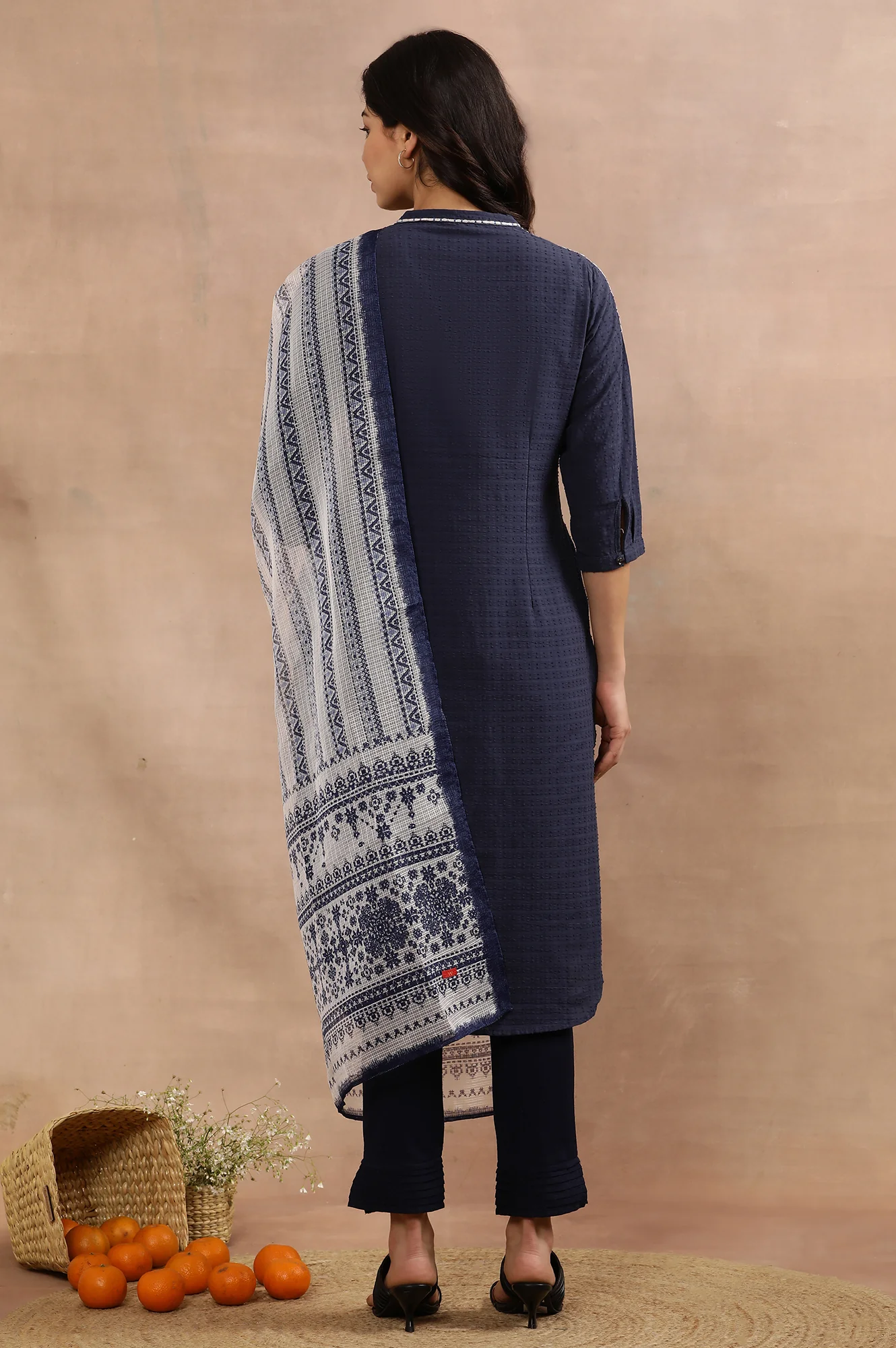 Blue Embroidered Cotton Kurta, Pants And Kota Dupatta Set - Image 4