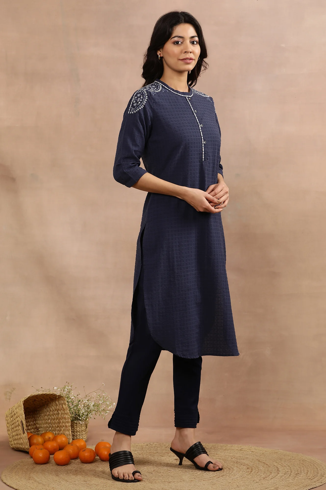 Blue Embroidered Cotton Kurta, Pants And Kota Dupatta Set - Image 5