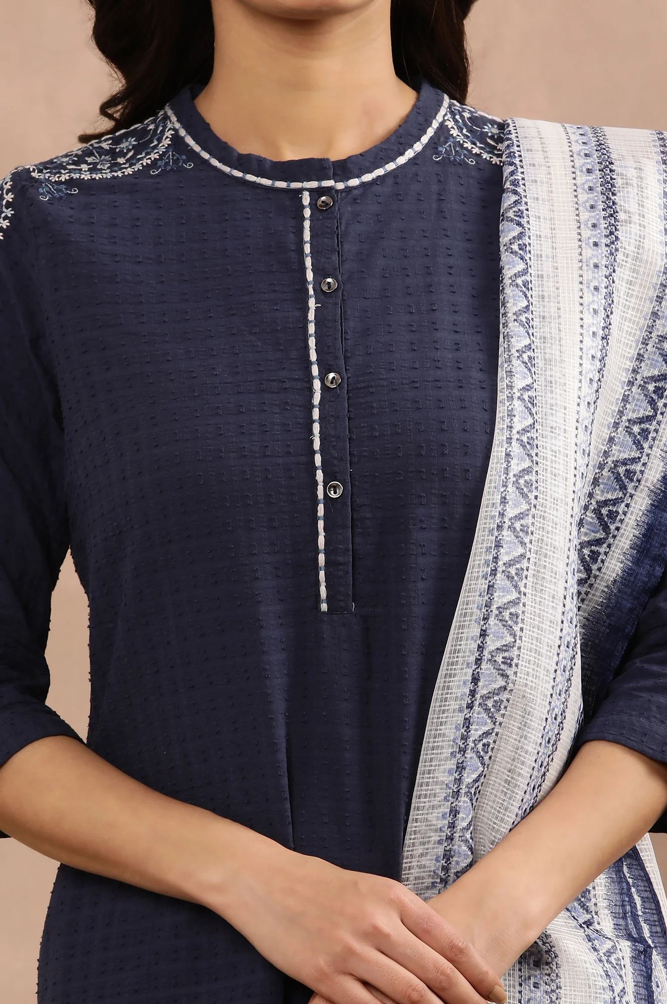 Blue Embroidered Cotton Kurta, Pants And Kota Dupatta Set - Image 6