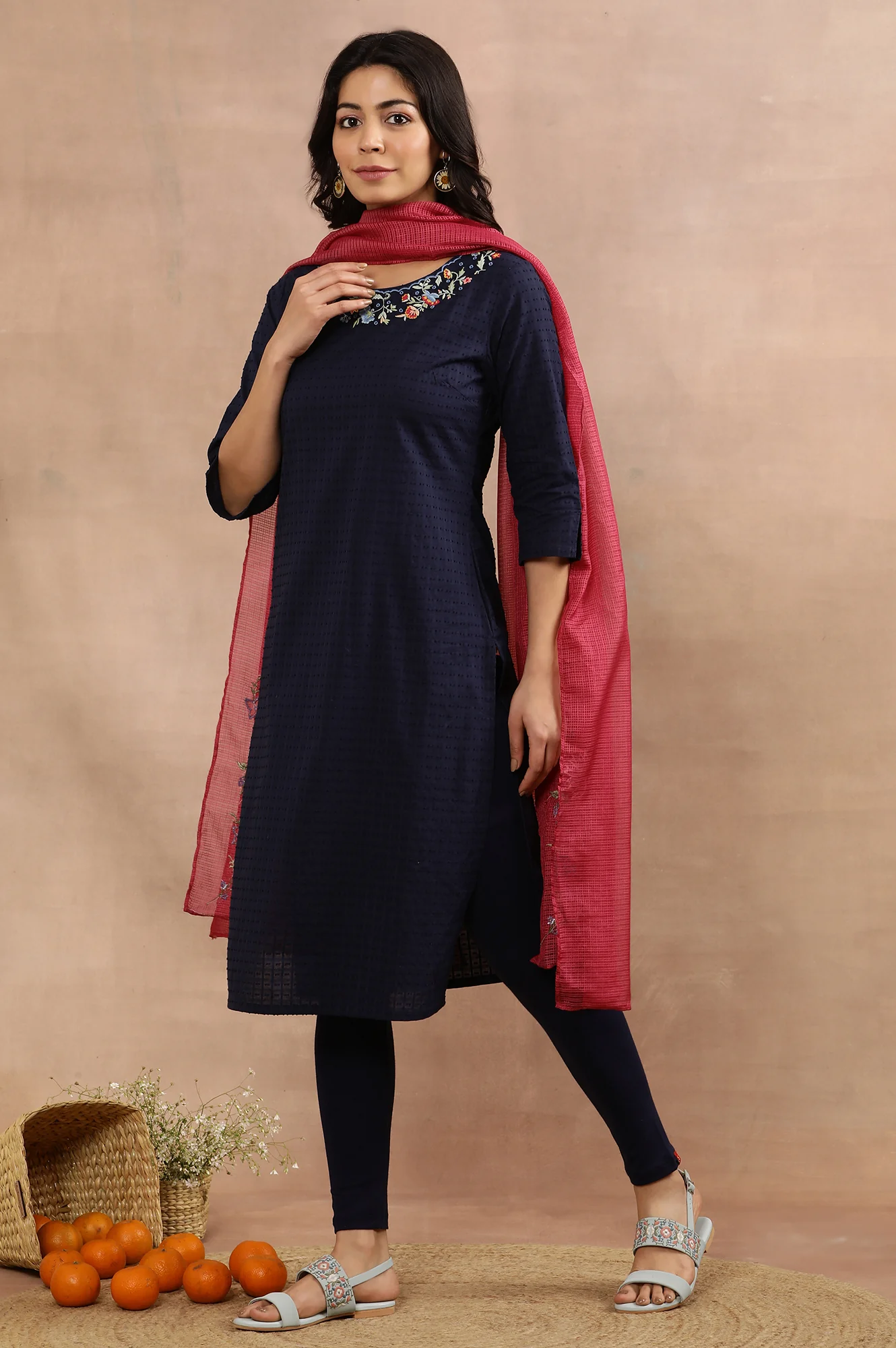 Blue Embroidered Cotton Kurta, Tights And Pink Dupatta - Image 2