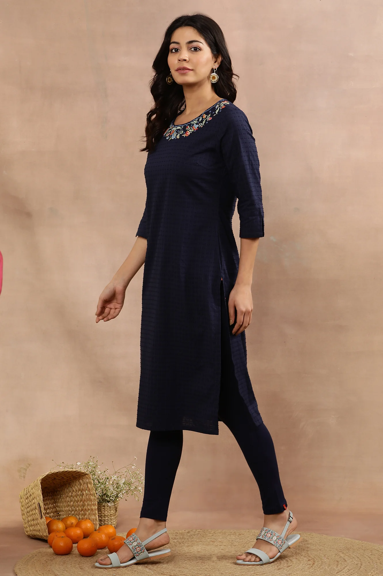 Blue Embroidered Cotton Kurta, Tights And Pink Dupatta - Image 3