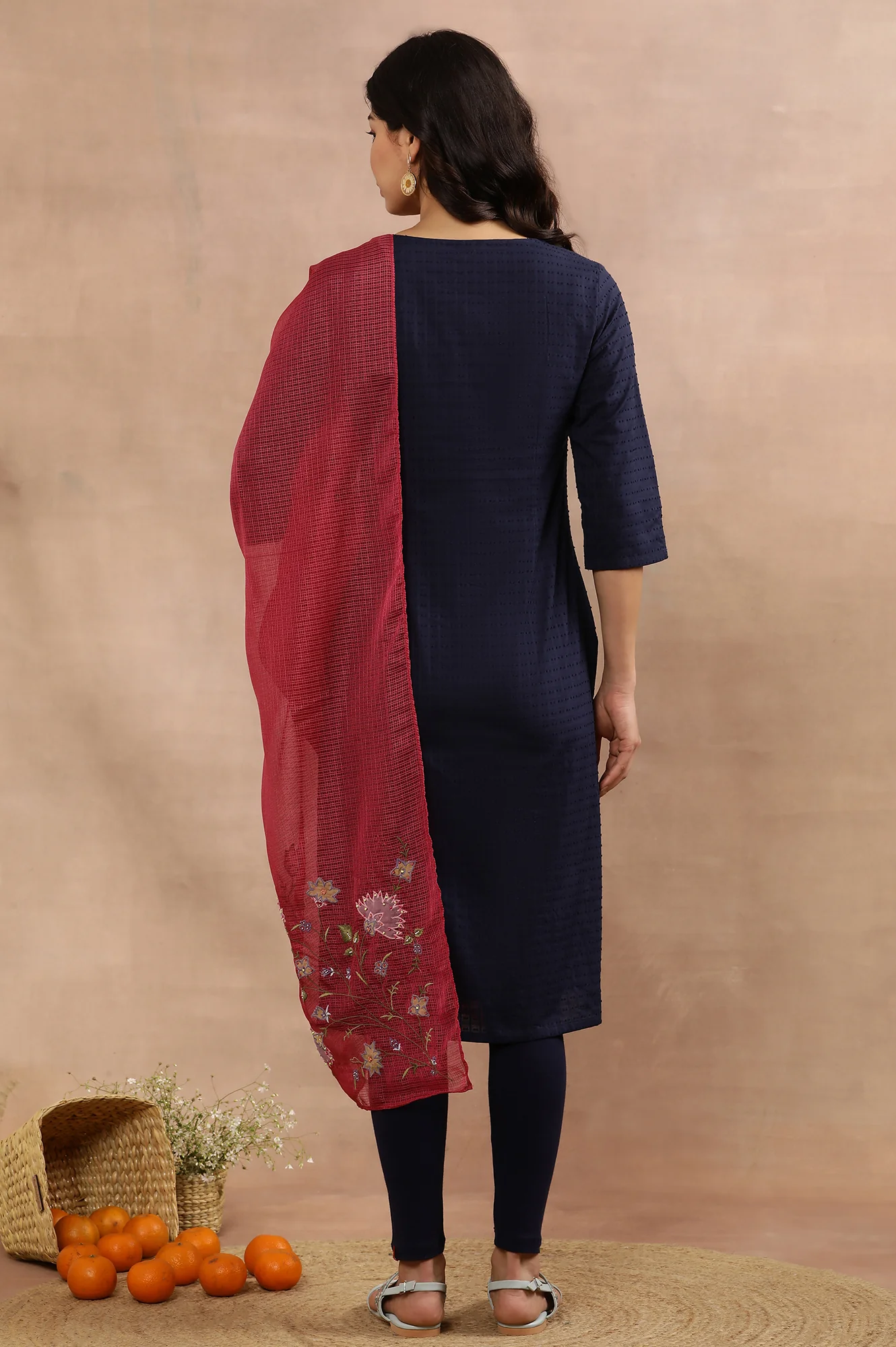 Blue Embroidered Cotton Kurta, Tights And Pink Dupatta - Image 4