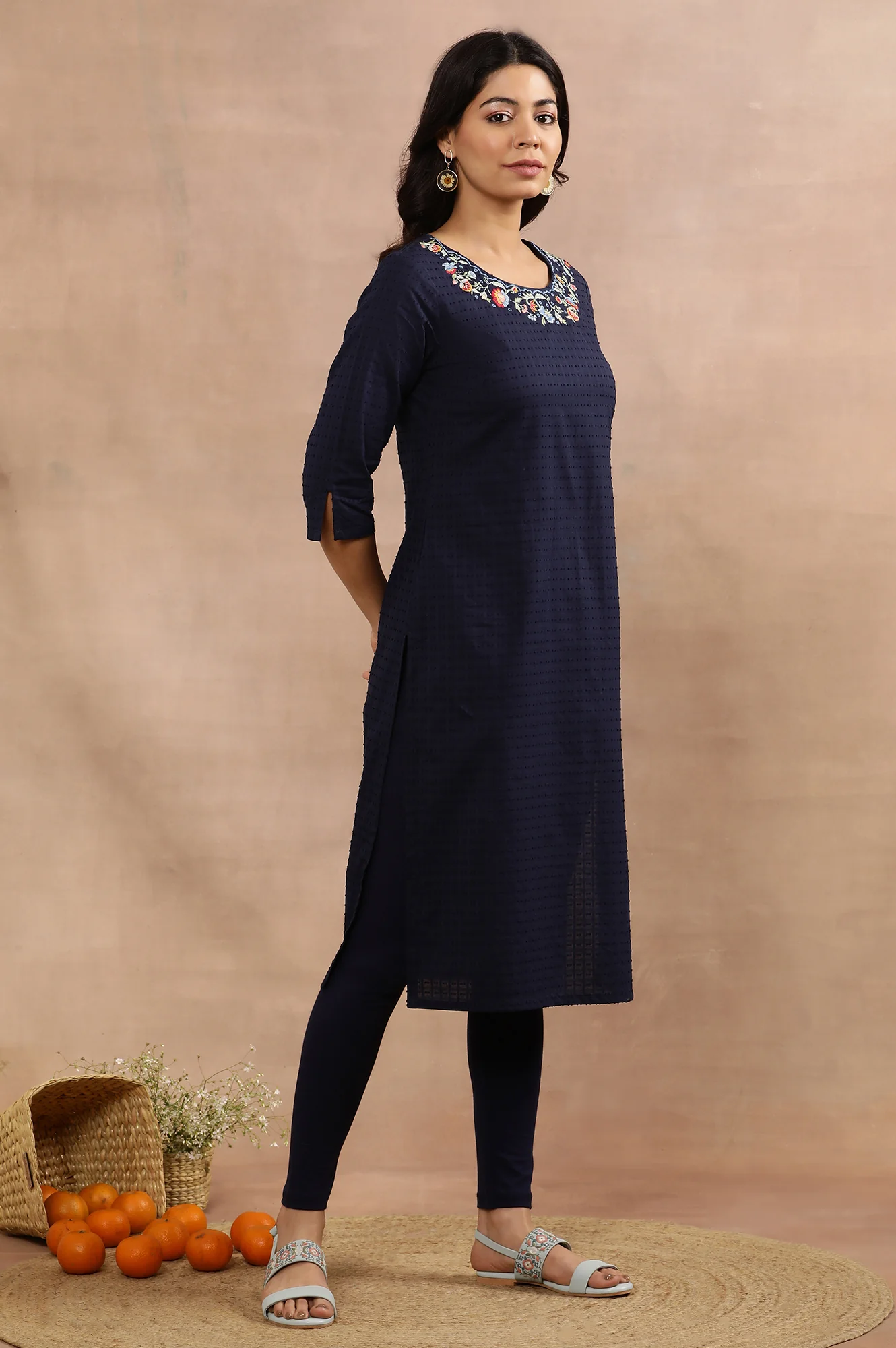 Blue Embroidered Cotton Kurta, Tights And Pink Dupatta - Image 5