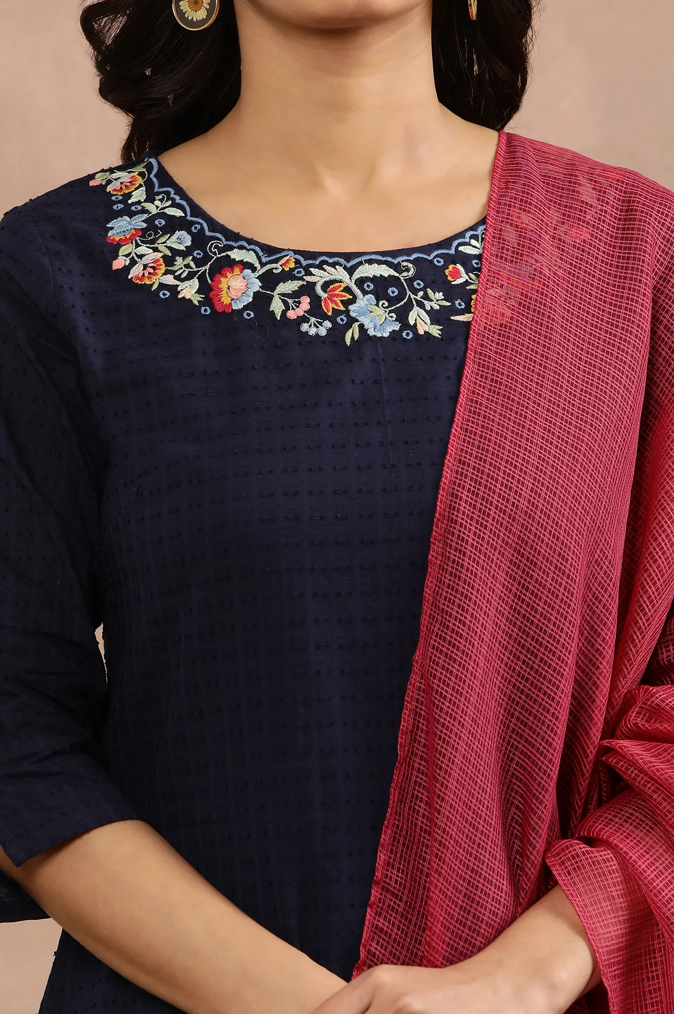 Blue Embroidered Cotton Kurta, Tights And Pink Dupatta - Image 6