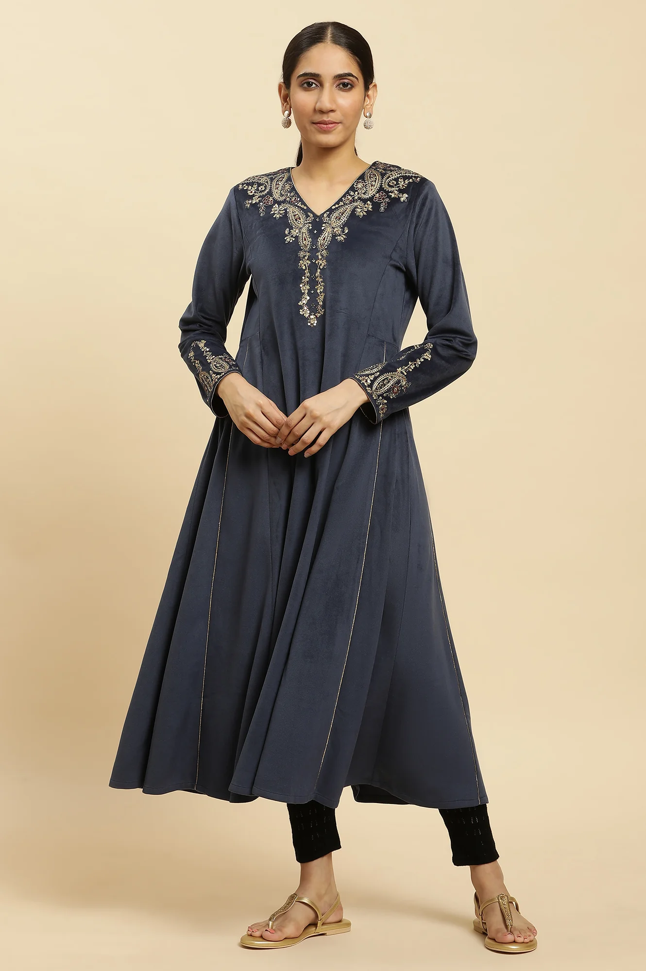 Blue Embroidered Flared Velvet Kurta - Image 2