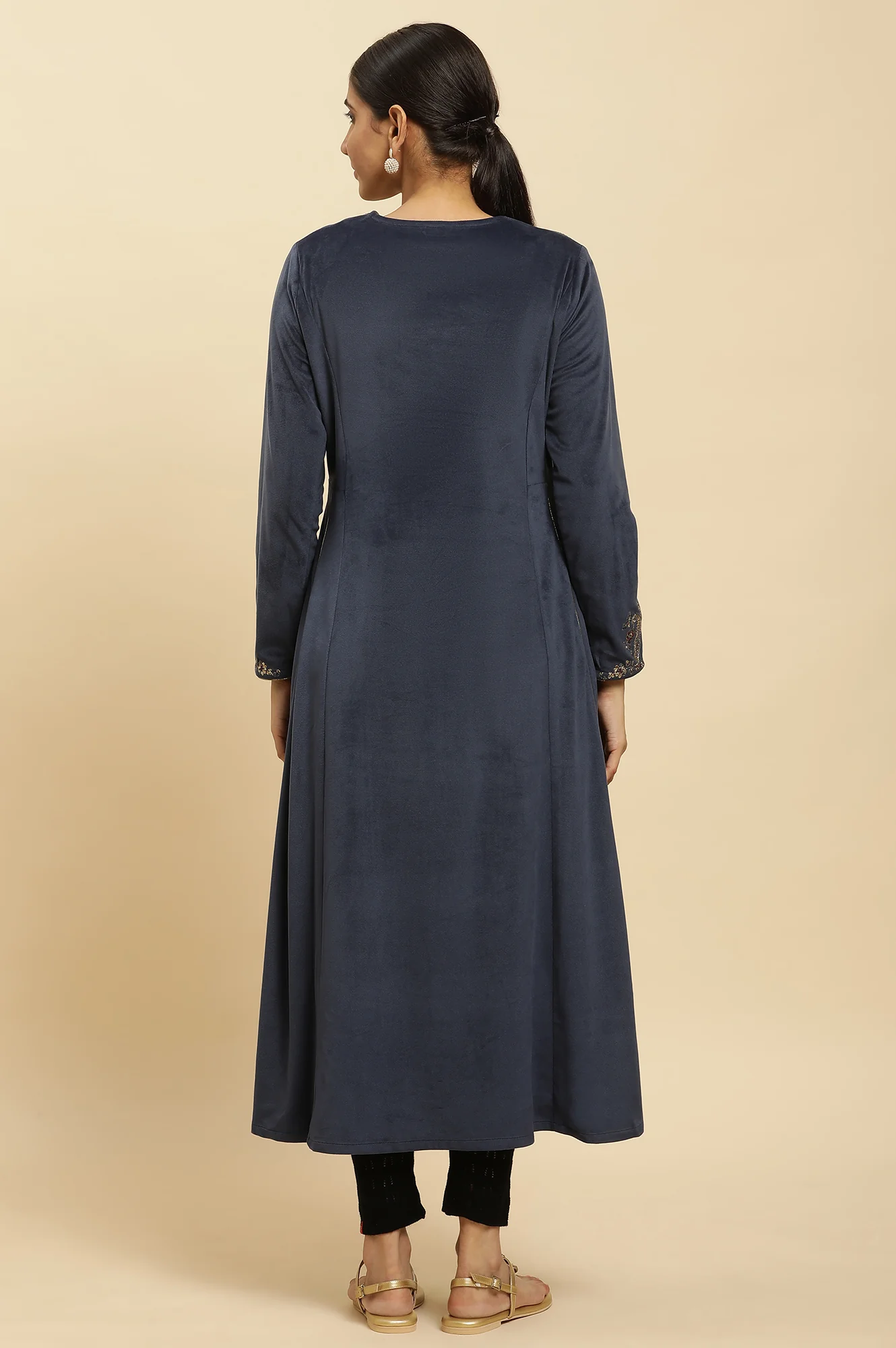 Blue Embroidered Flared Velvet Kurta - Image 5
