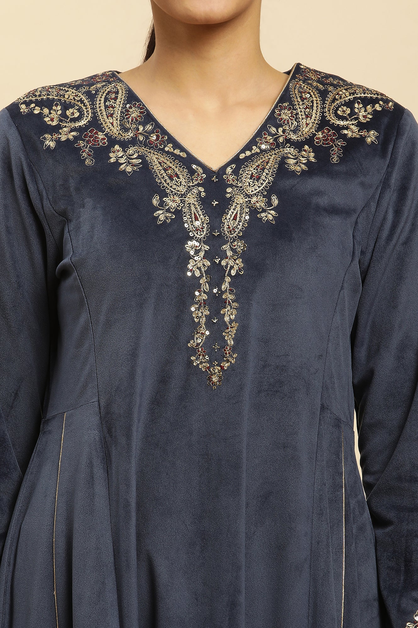 Blue Embroidered Flared Velvet Kurta - Image 6