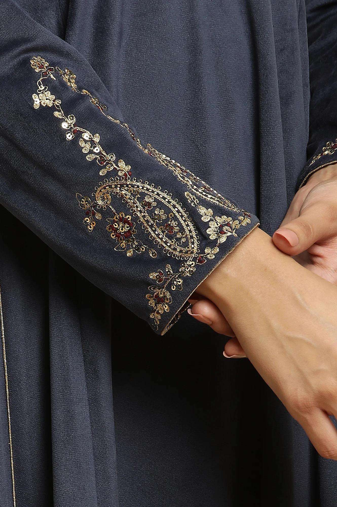 Blue Embroidered Flared Velvet Kurta - Image 7