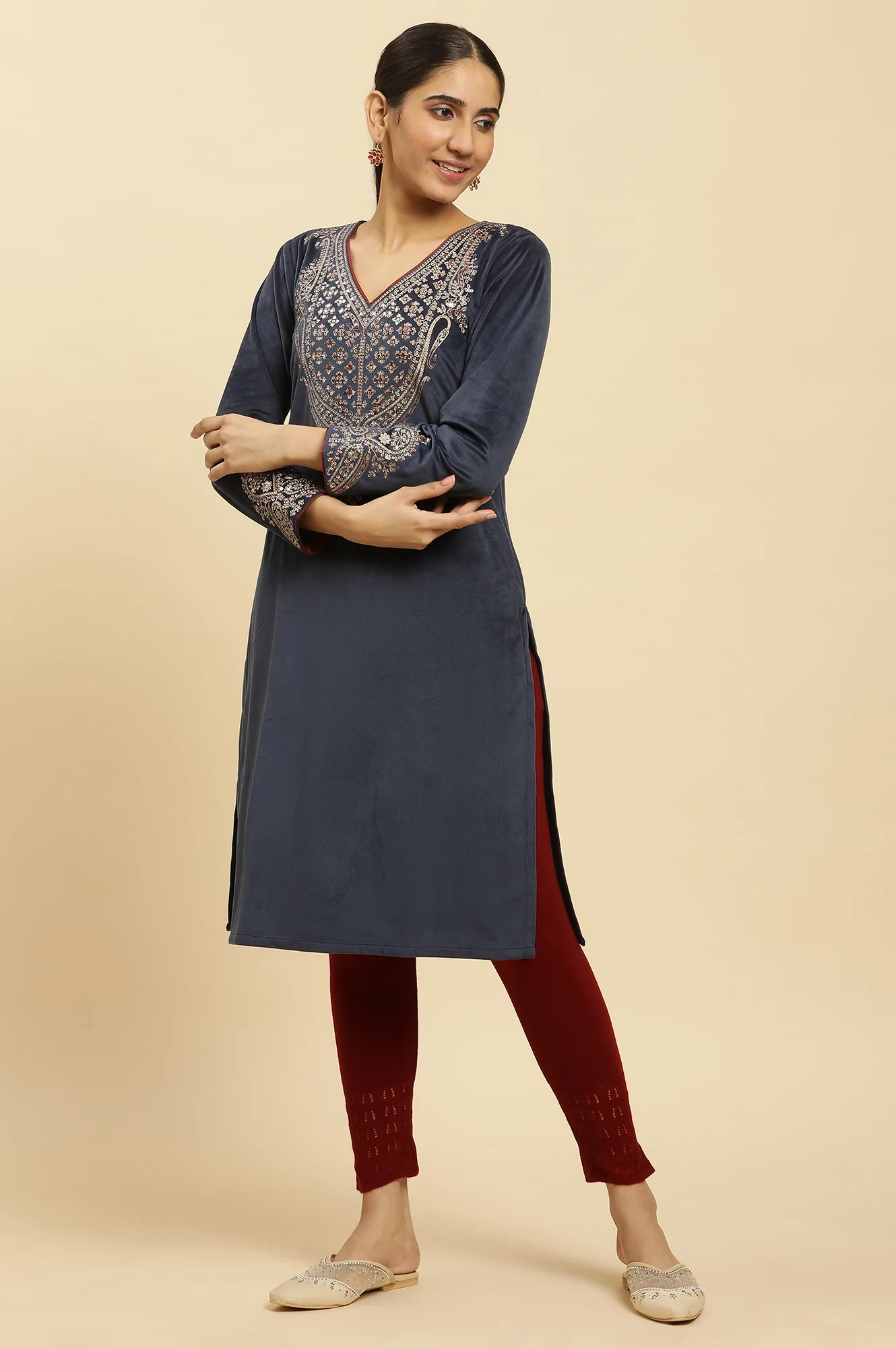 Blue Embroidered Flared Velvet Winter Kurta