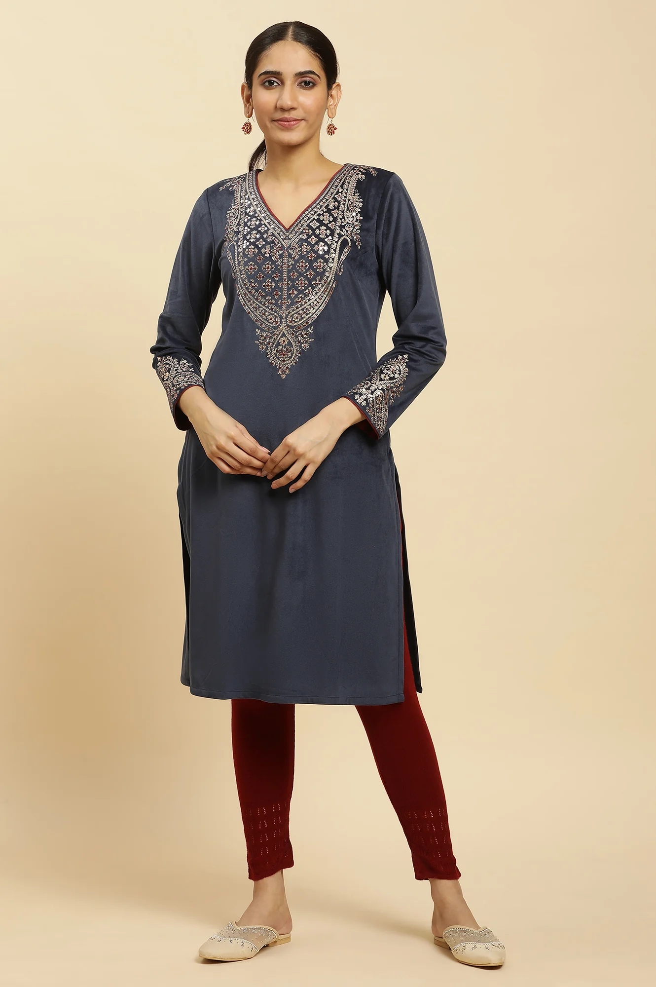 Blue Embroidered Flared Velvet Winter Kurta - Image 6