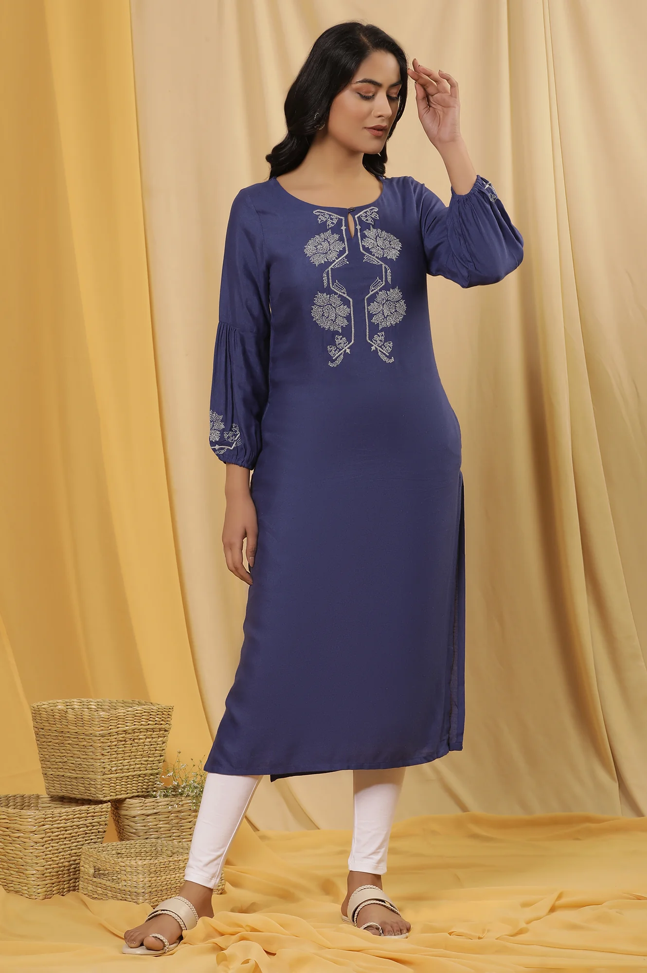 Blue Embroidered Kurta And Tights Set - Image 2