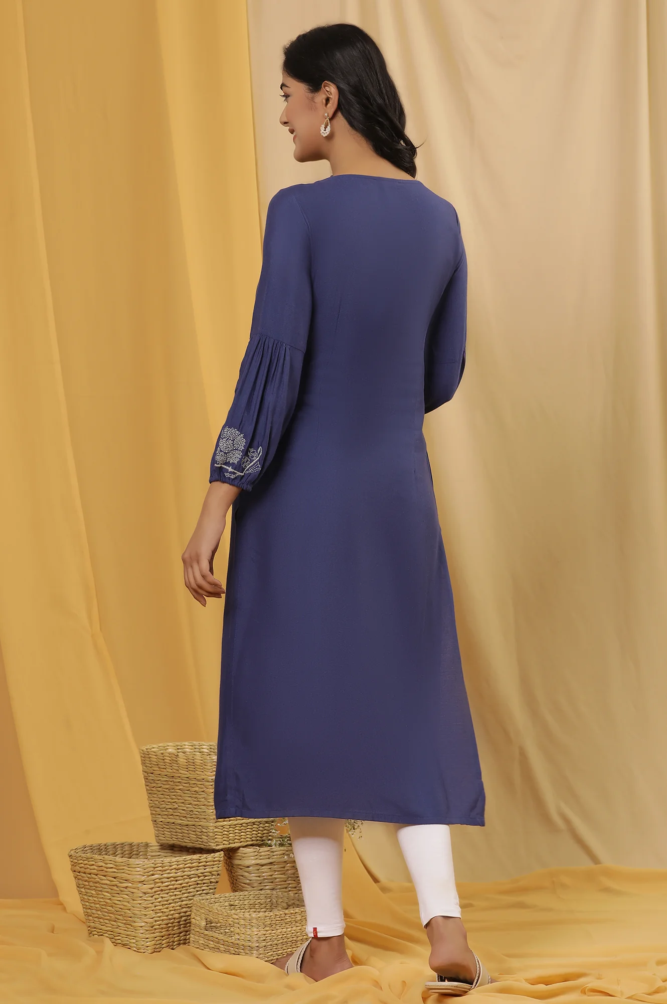 Blue Embroidered Kurta And Tights Set - Image 4