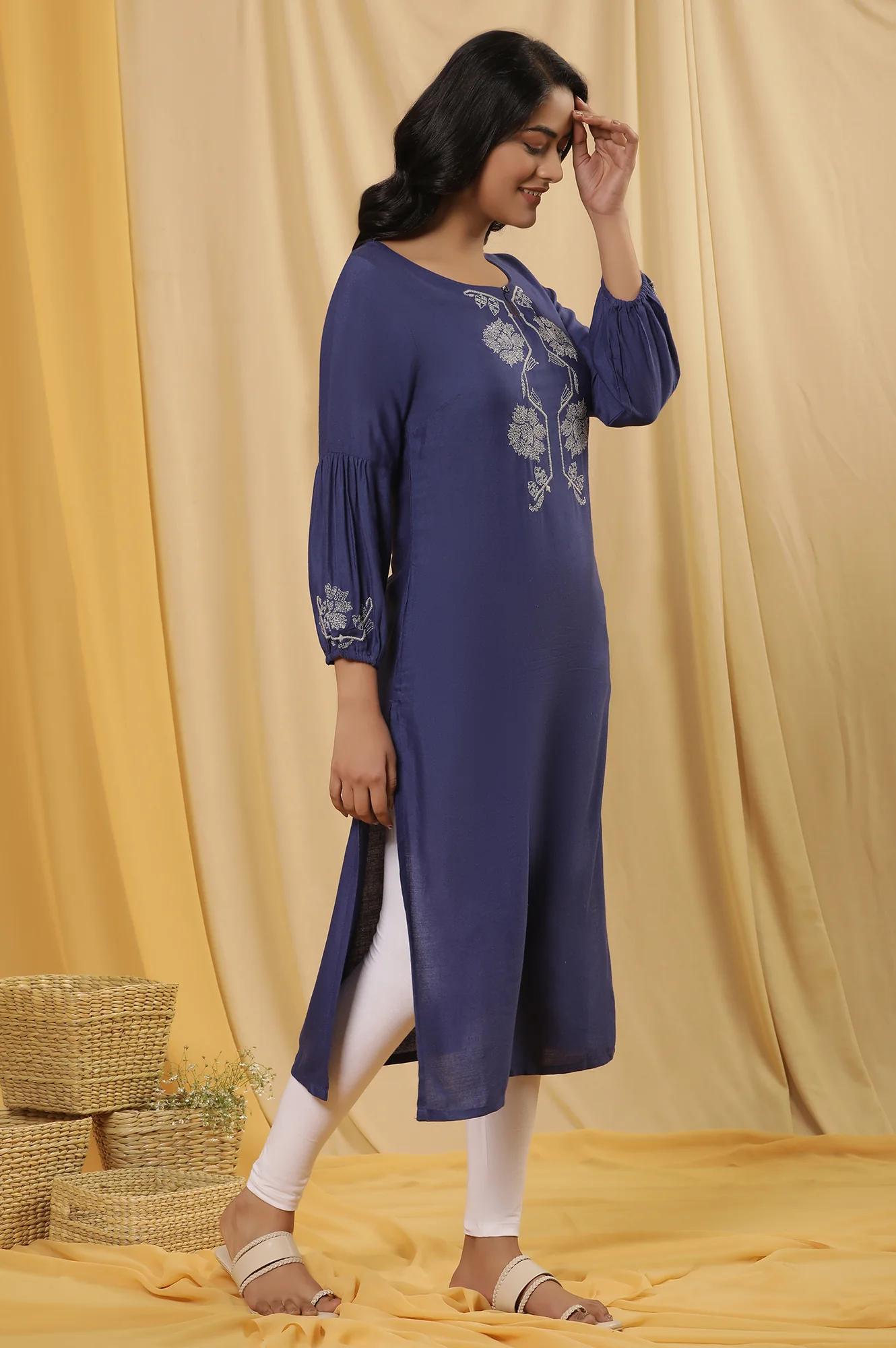 Blue Embroidered Kurta And Tights Set - Image 5