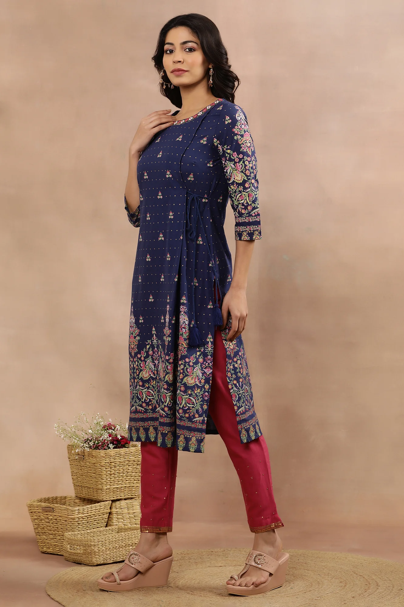 Blue Embroidered Kurta, Pants And Dupatta Set - Image 3