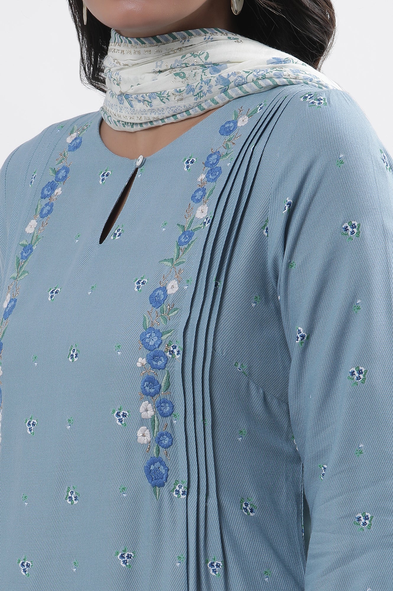 Blue Embroidered Kurta, Pants And Dupatta Set - Image 7