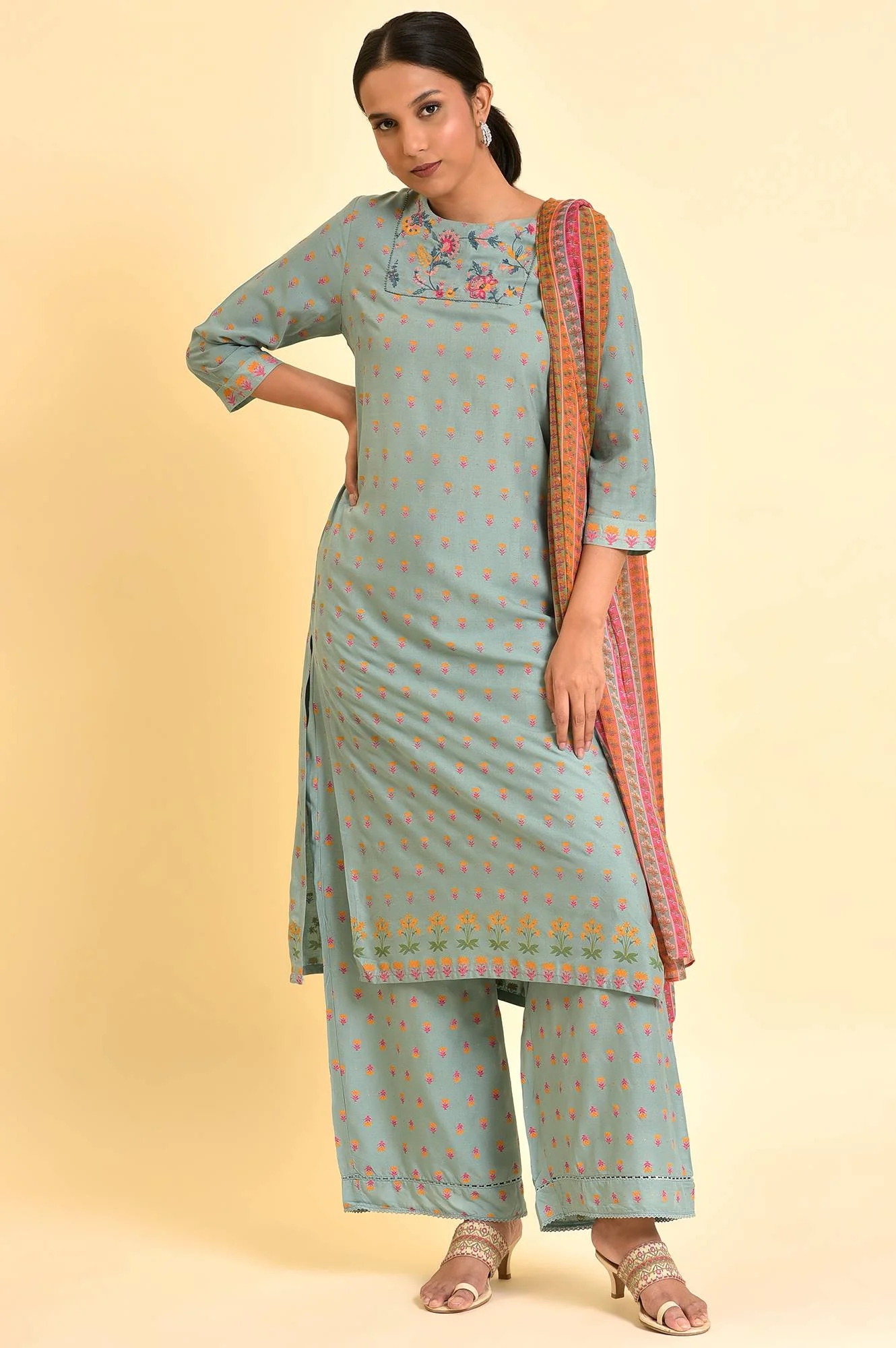 Blue Embroidered Kurta, Parallel Pants & Dupatta Set - Image 2