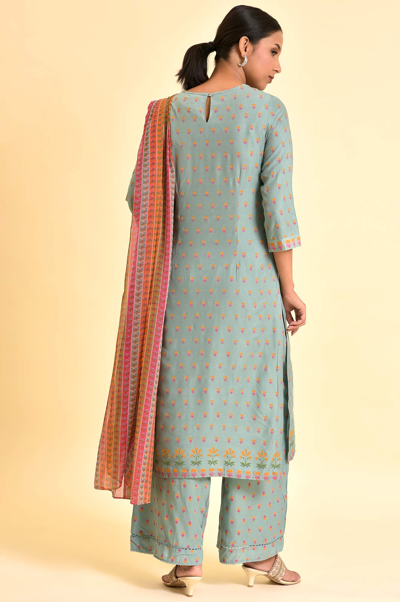 Blue Embroidered Kurta, Parallel Pants & Dupatta Set - Image 3