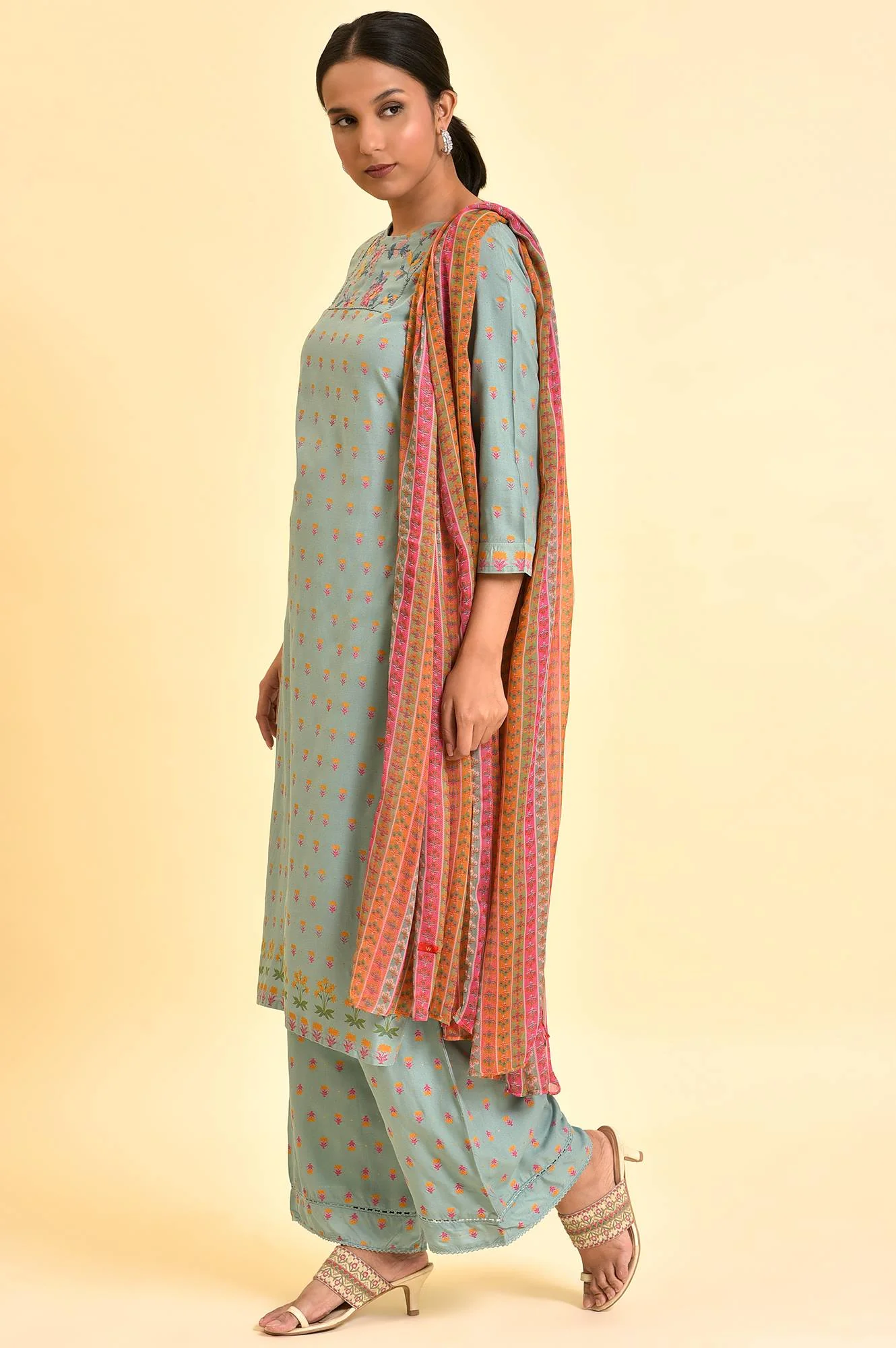 Blue Embroidered Kurta, Parallel Pants & Dupatta Set - Image 4