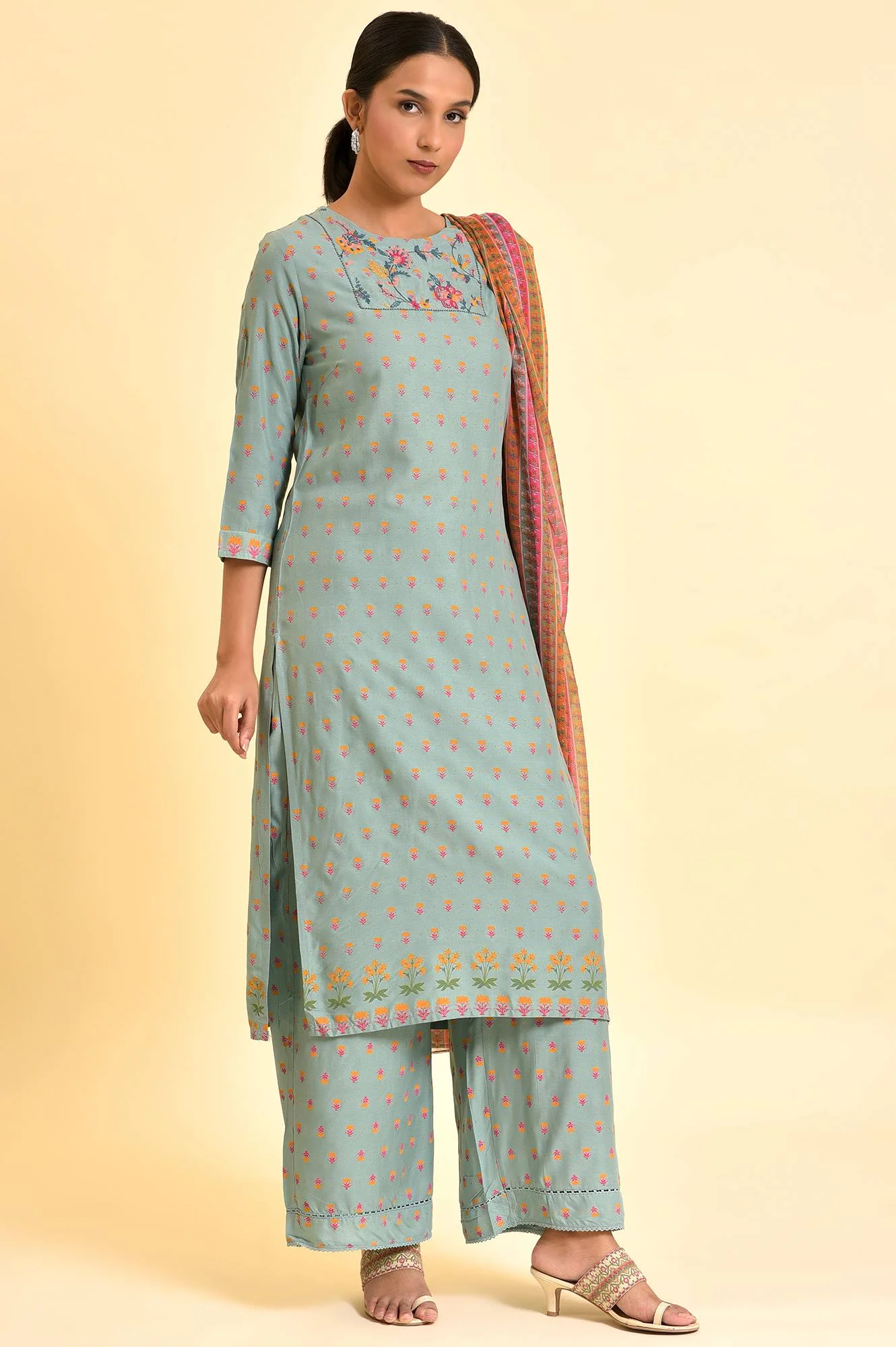 Blue Embroidered Kurta, Parallel Pants & Dupatta Set - Image 5