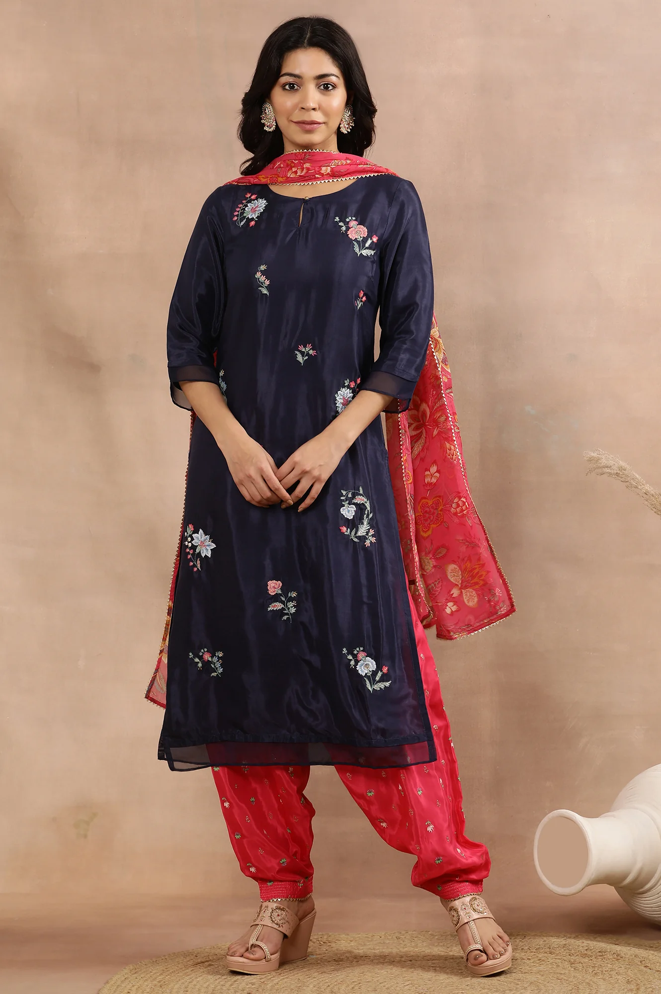 Blue Embroidered Kurta, Printed Salwar And Dupatta Set - Image 2