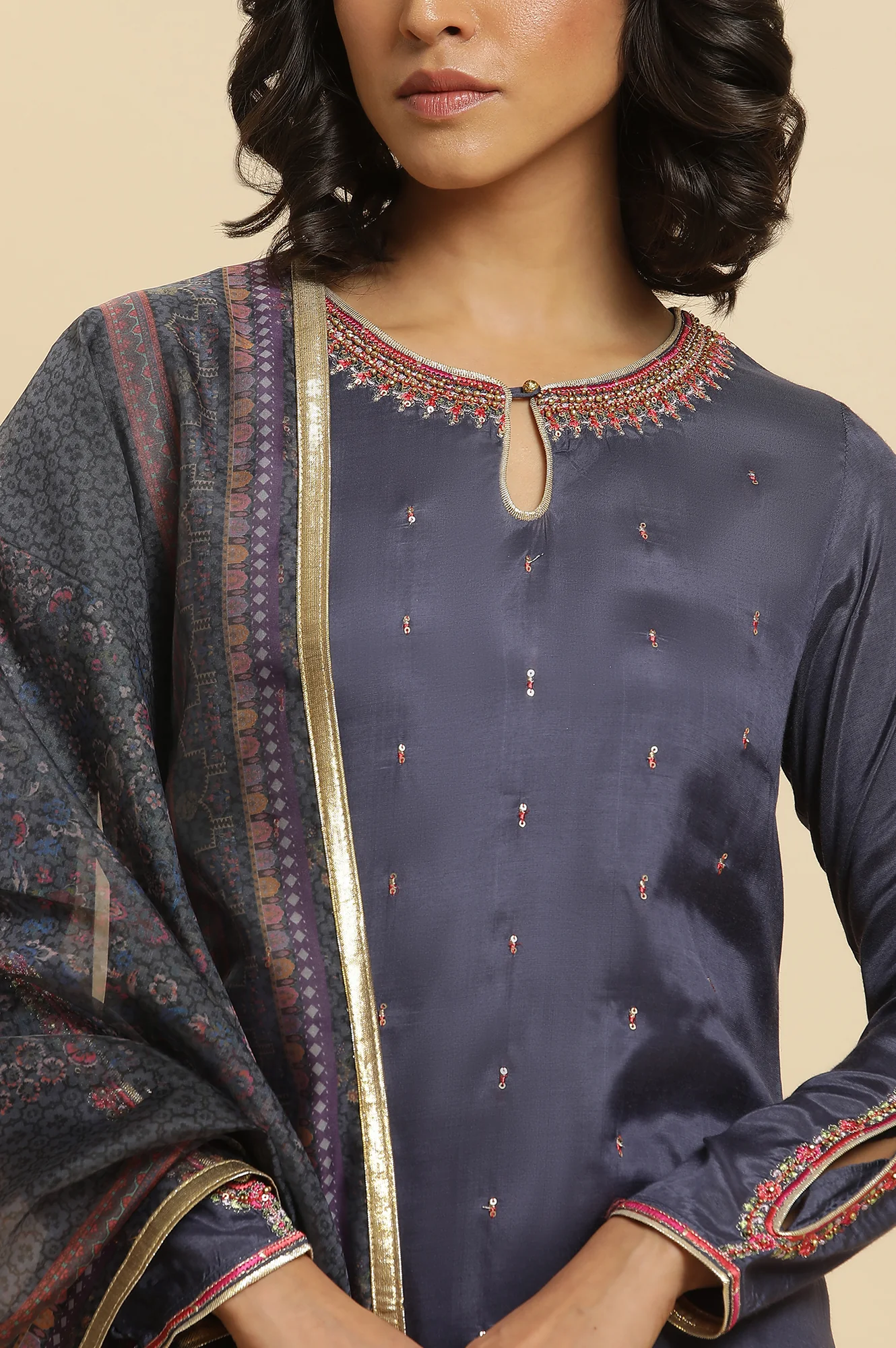 Blue Embroidered Kurta, Straight Pants & Dupatta Set - Image 6