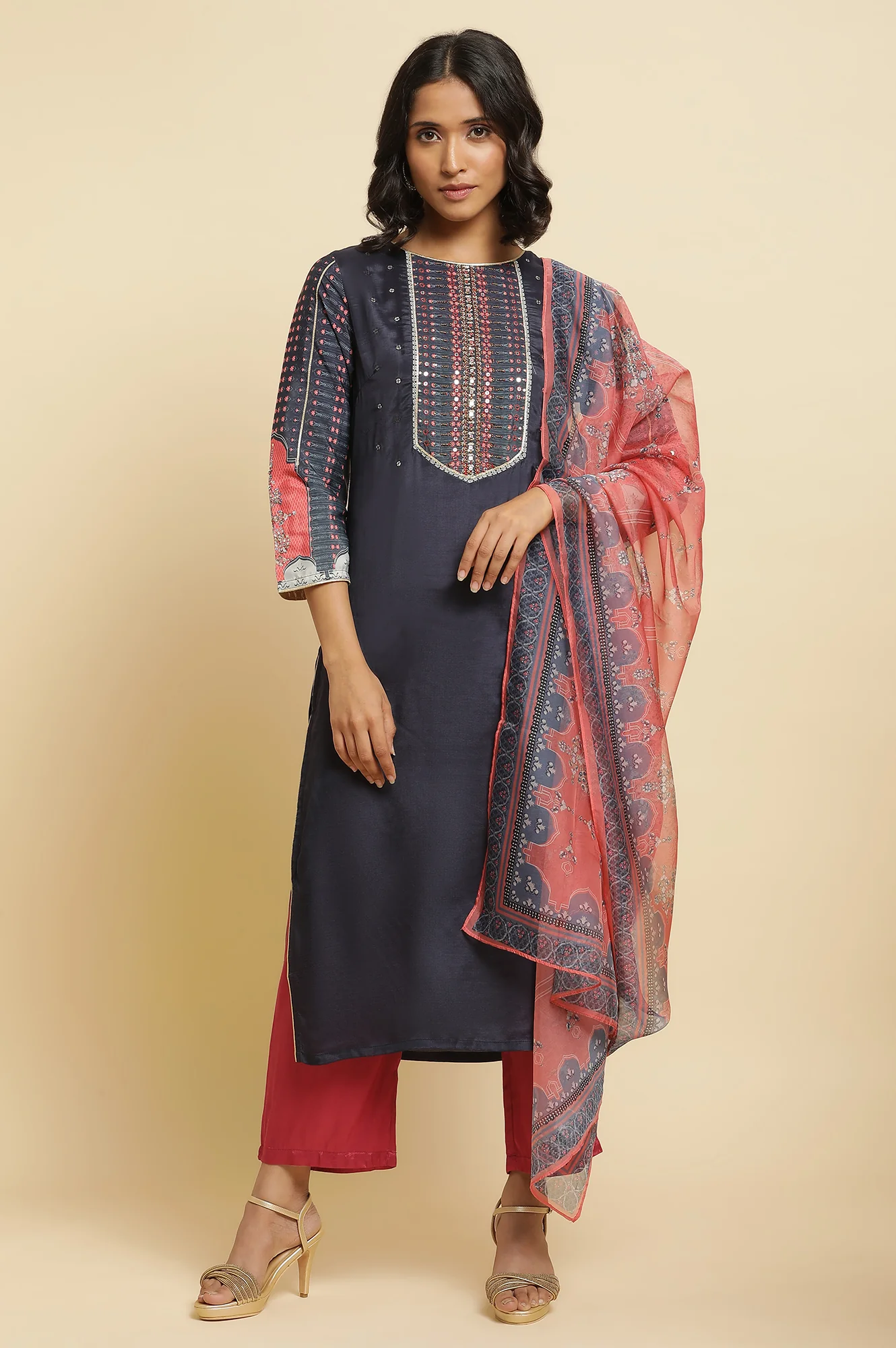 Blue Embroidered Kurta, Straight Pants & Dupatta Set - Image 2