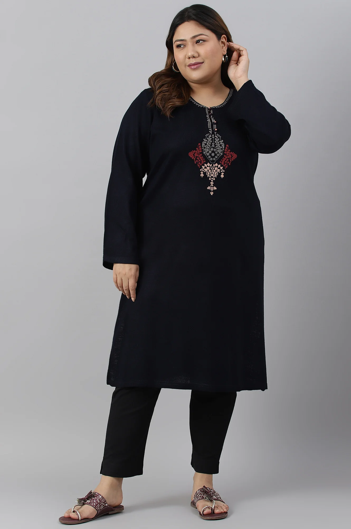 Blue Embroidered Plus Size Winter kurta - Image 6