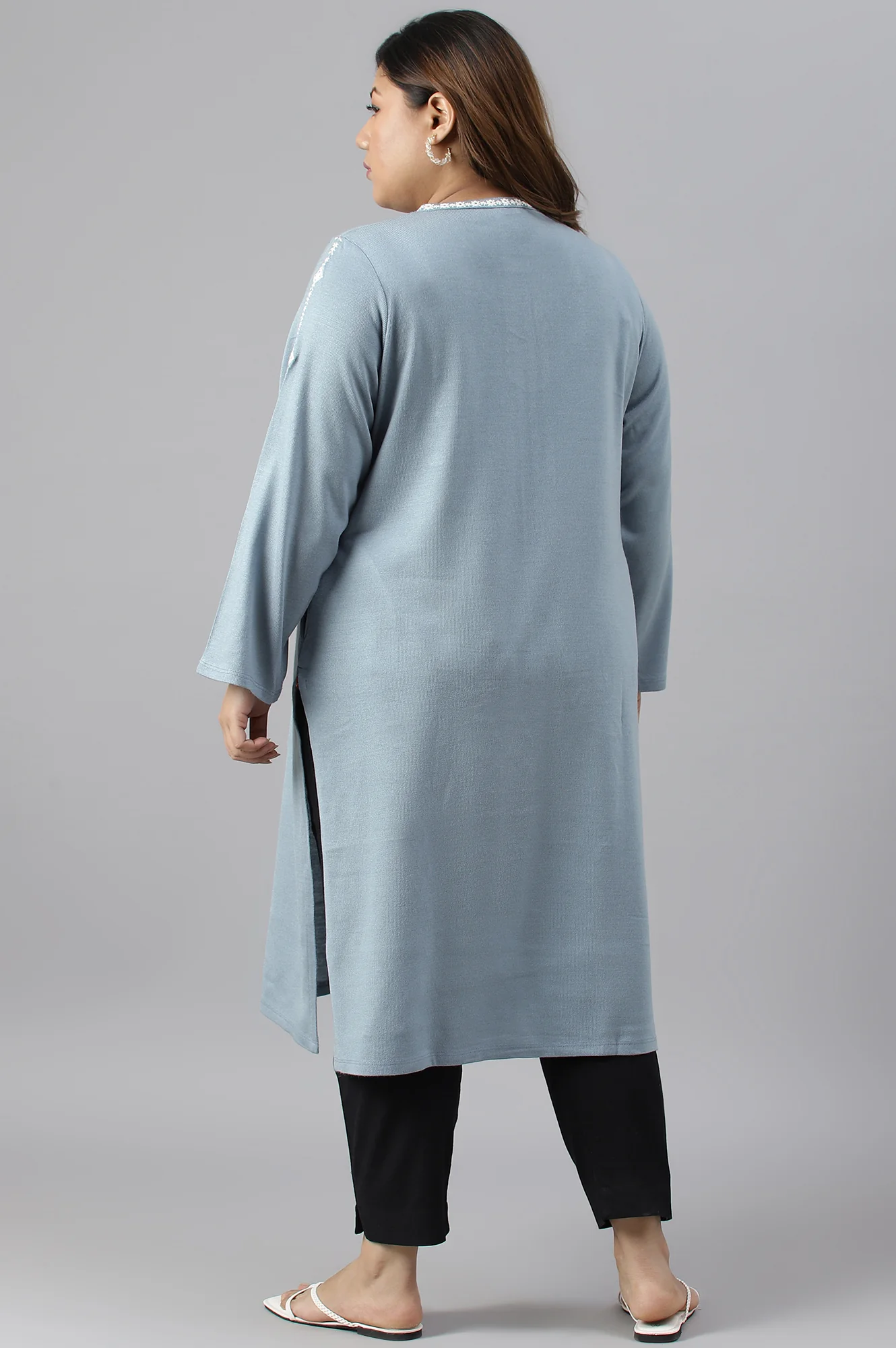 Blue Embroidered Plus Size Winter kurta - Image 2