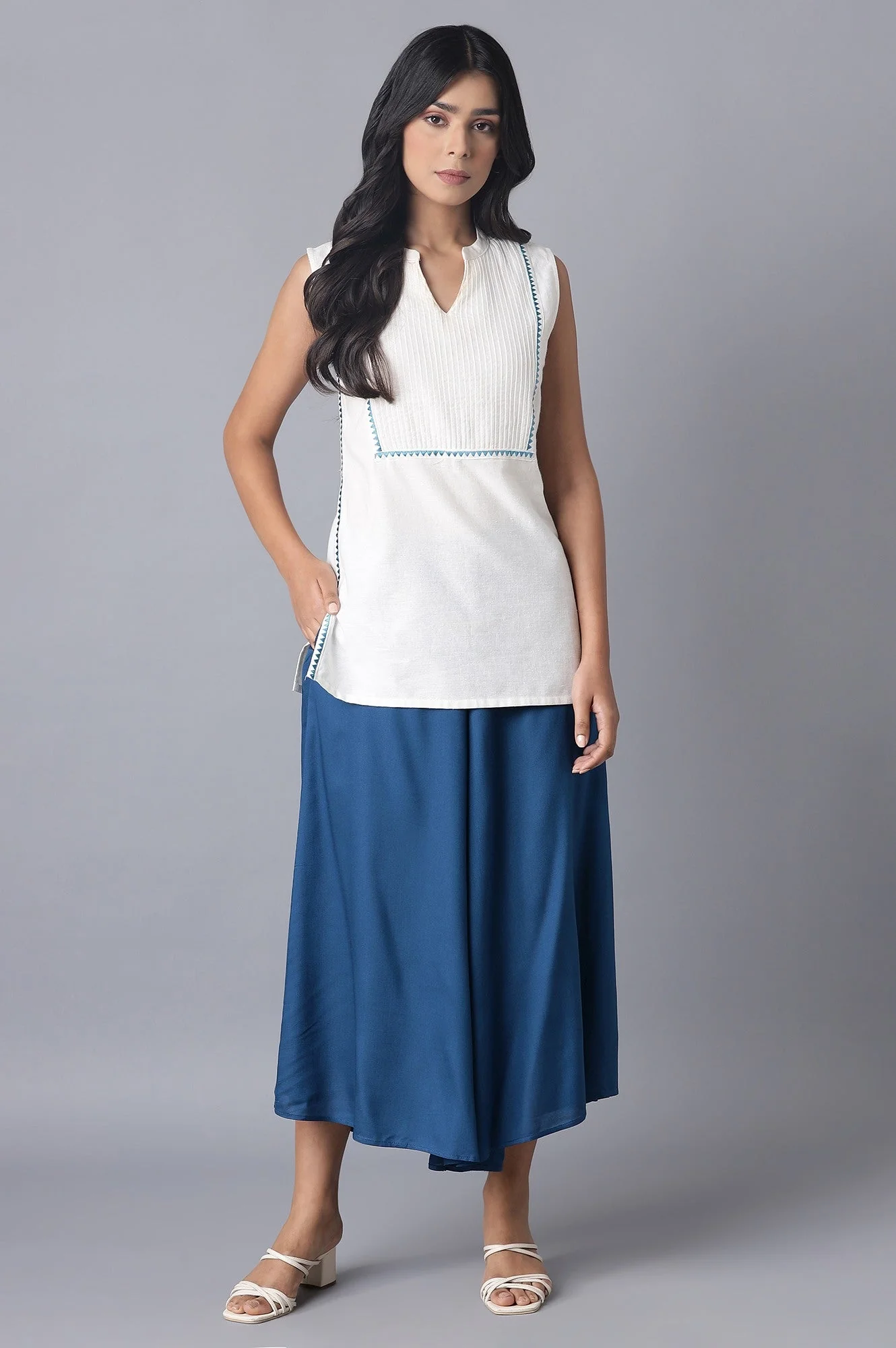 Elleven Women's Blue Solid Flared Cotton Culottes With Drawstring - Image 5
