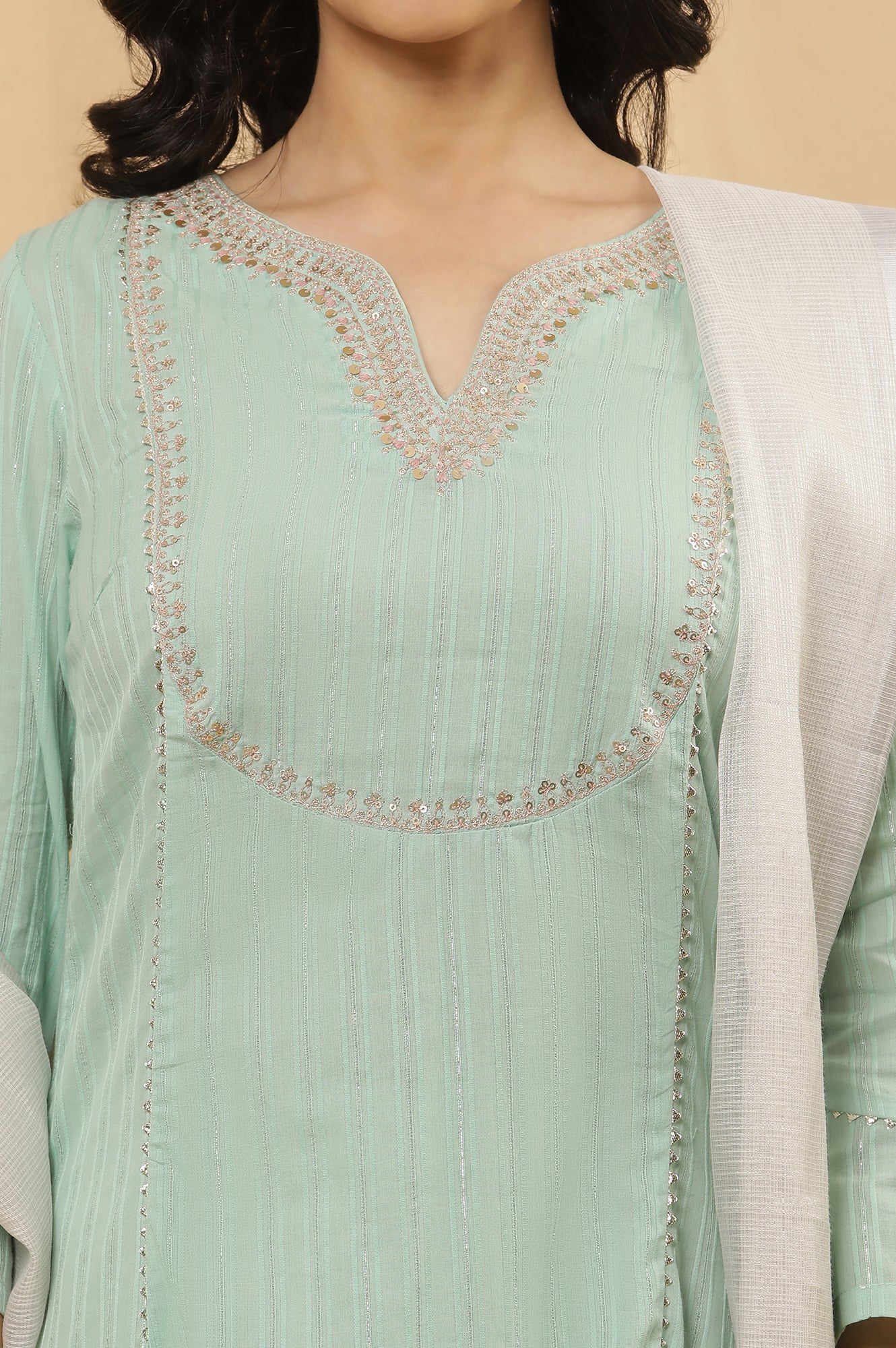 Blue Flared Embroidered Kurta, Slim Pants And Dupatta Set - Image 6