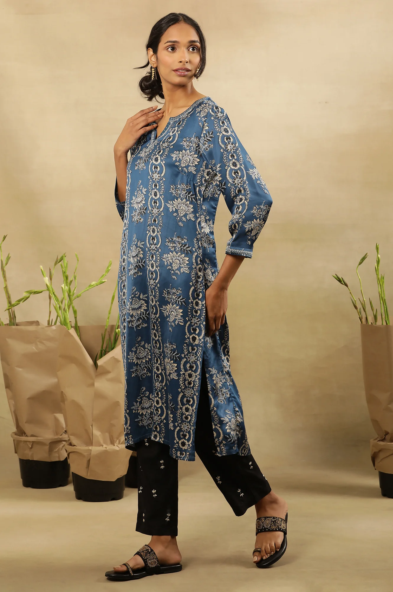 Blue Floral Ajrakh Kurta In Lustrous Satin - Image 3