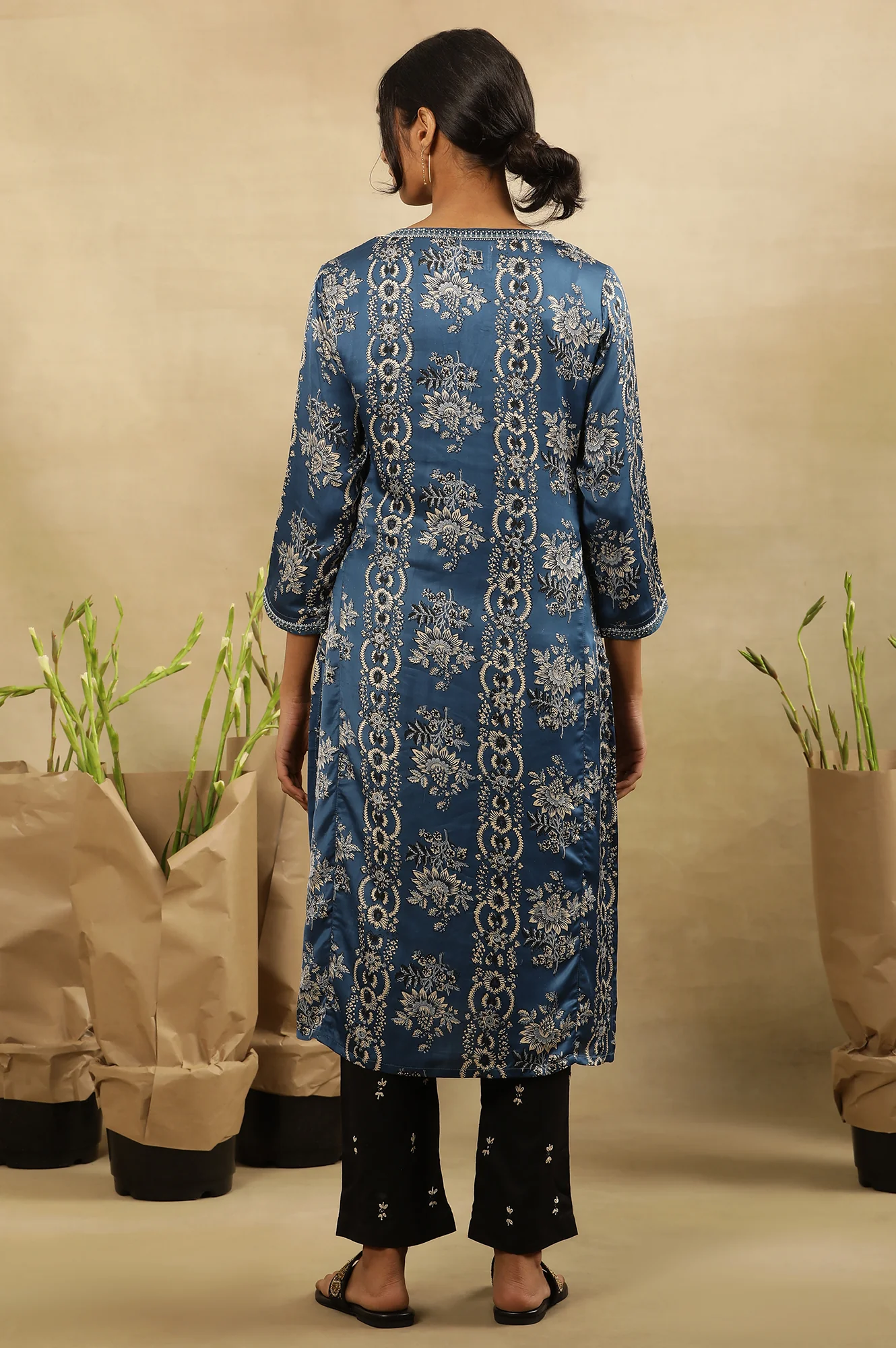 Blue Floral Ajrakh Kurta In Lustrous Satin - Image 4