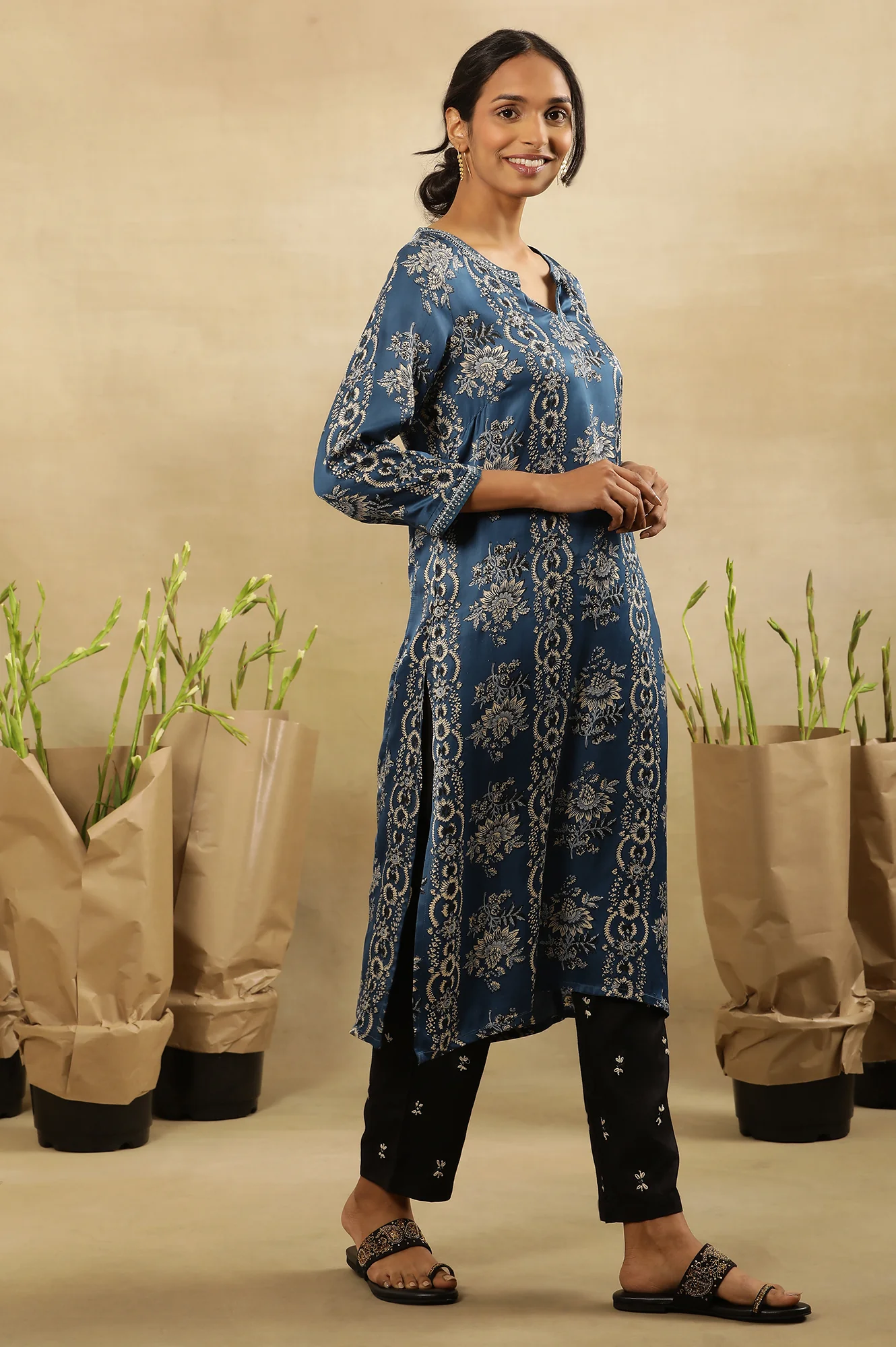 Blue Floral Ajrakh Kurta In Lustrous Satin - Image 5