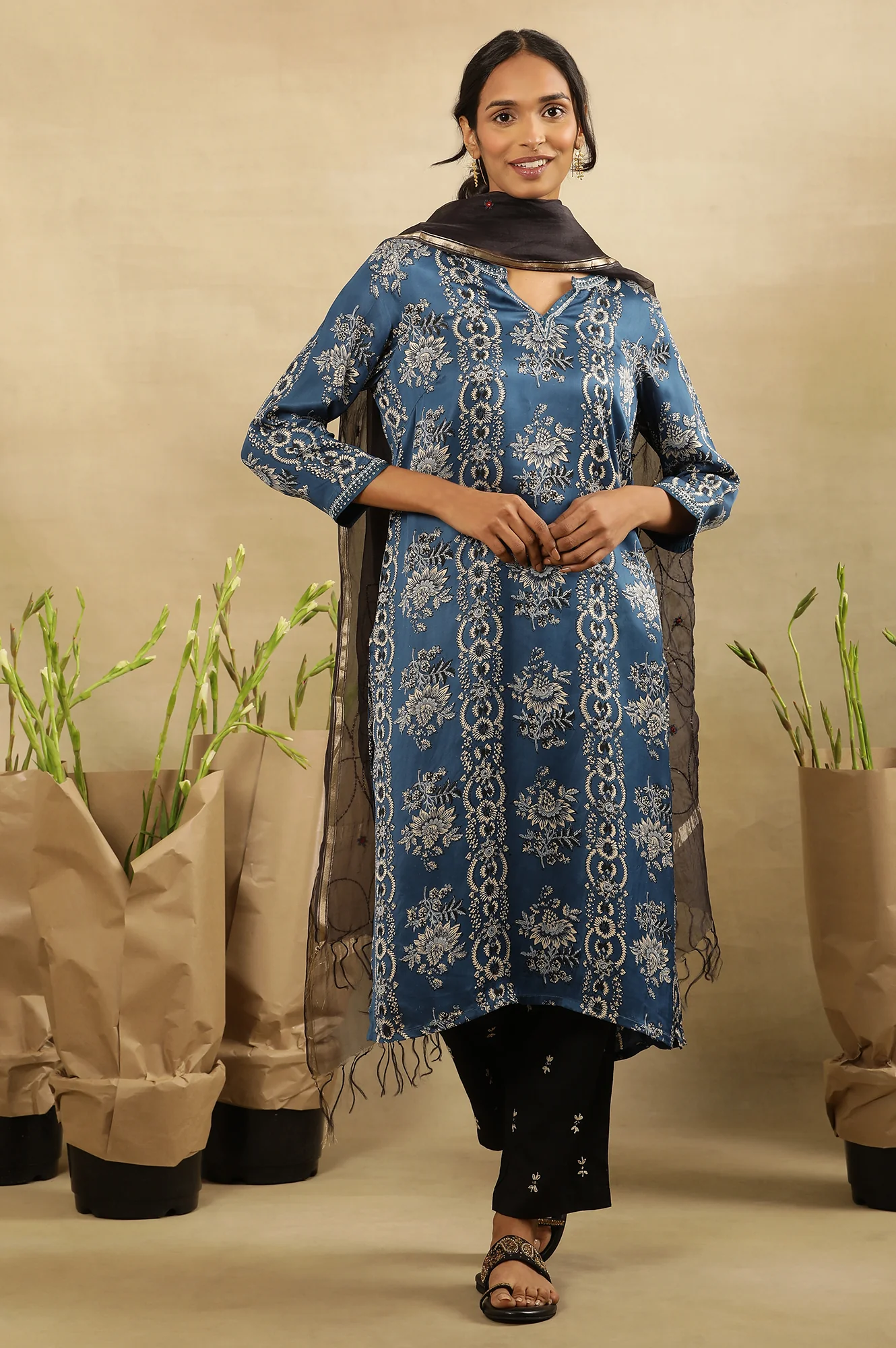 Blue Floral Ajrakh Kurta In Lustrous Satin - Image 6