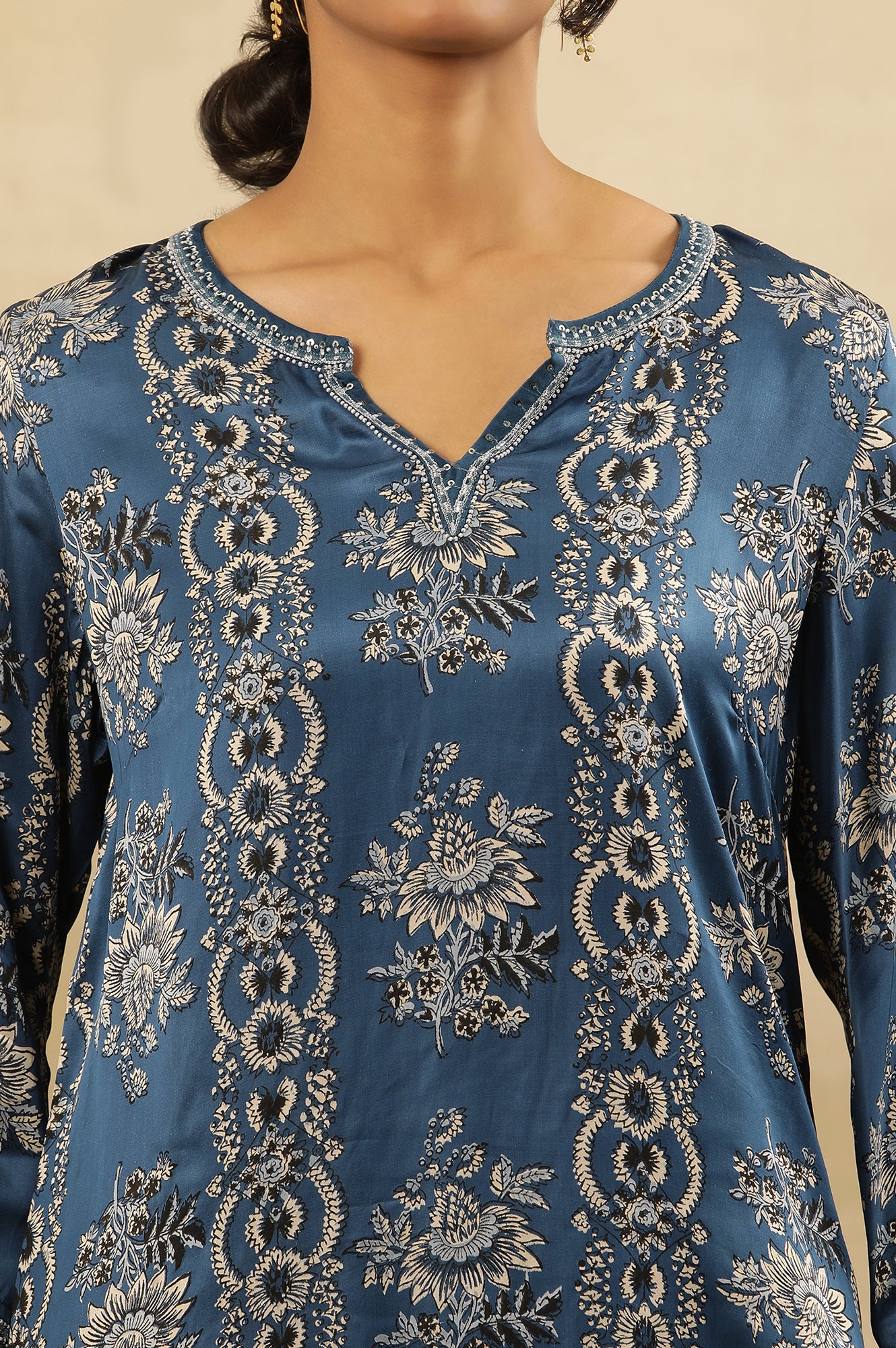 Blue Floral Ajrakh Kurta In Lustrous Satin - Image 7