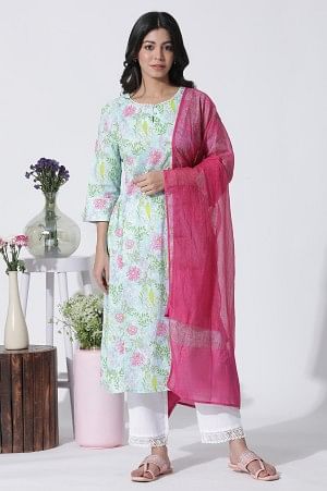 Blue Floral Printed Cotton Kurta, Straight Pants And Dupatta Set - Image 2