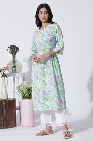 Blue Floral Printed Cotton Kurta, Straight Pants And Dupatta Set - Image 3
