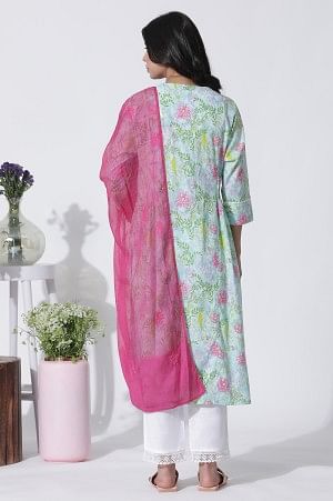 Blue Floral Printed Cotton Kurta, Straight Pants And Dupatta Set - Image 4