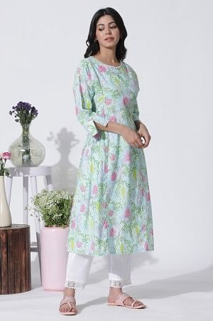 Blue Floral Printed Cotton Kurta, Straight Pants And Dupatta Set - Image 5