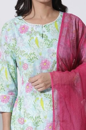 Blue Floral Printed Cotton Kurta, Straight Pants And Dupatta Set - Image 6