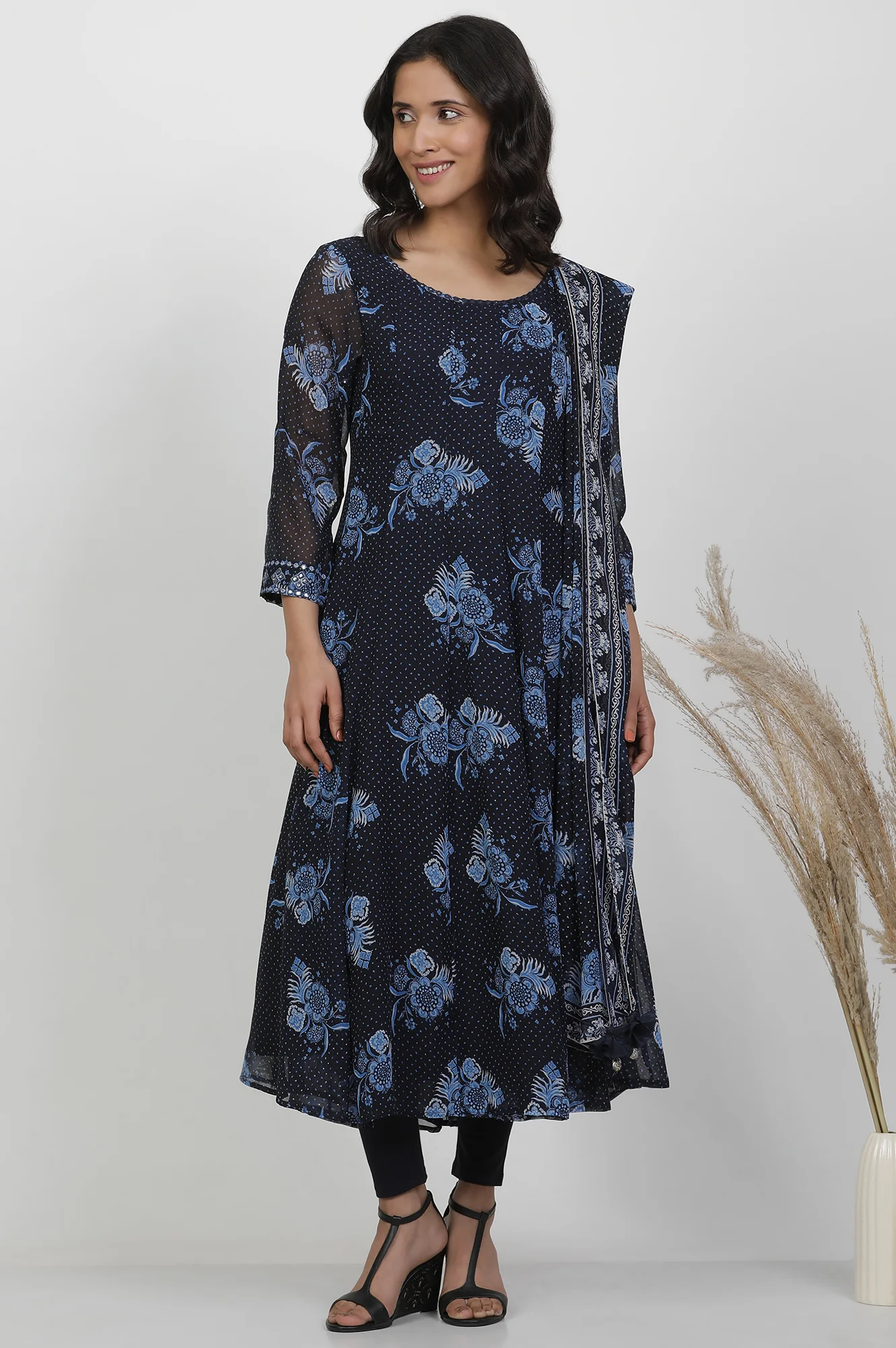 Blue Floral Printed Flared Georgette Kurta, Tights And Dupatta Set