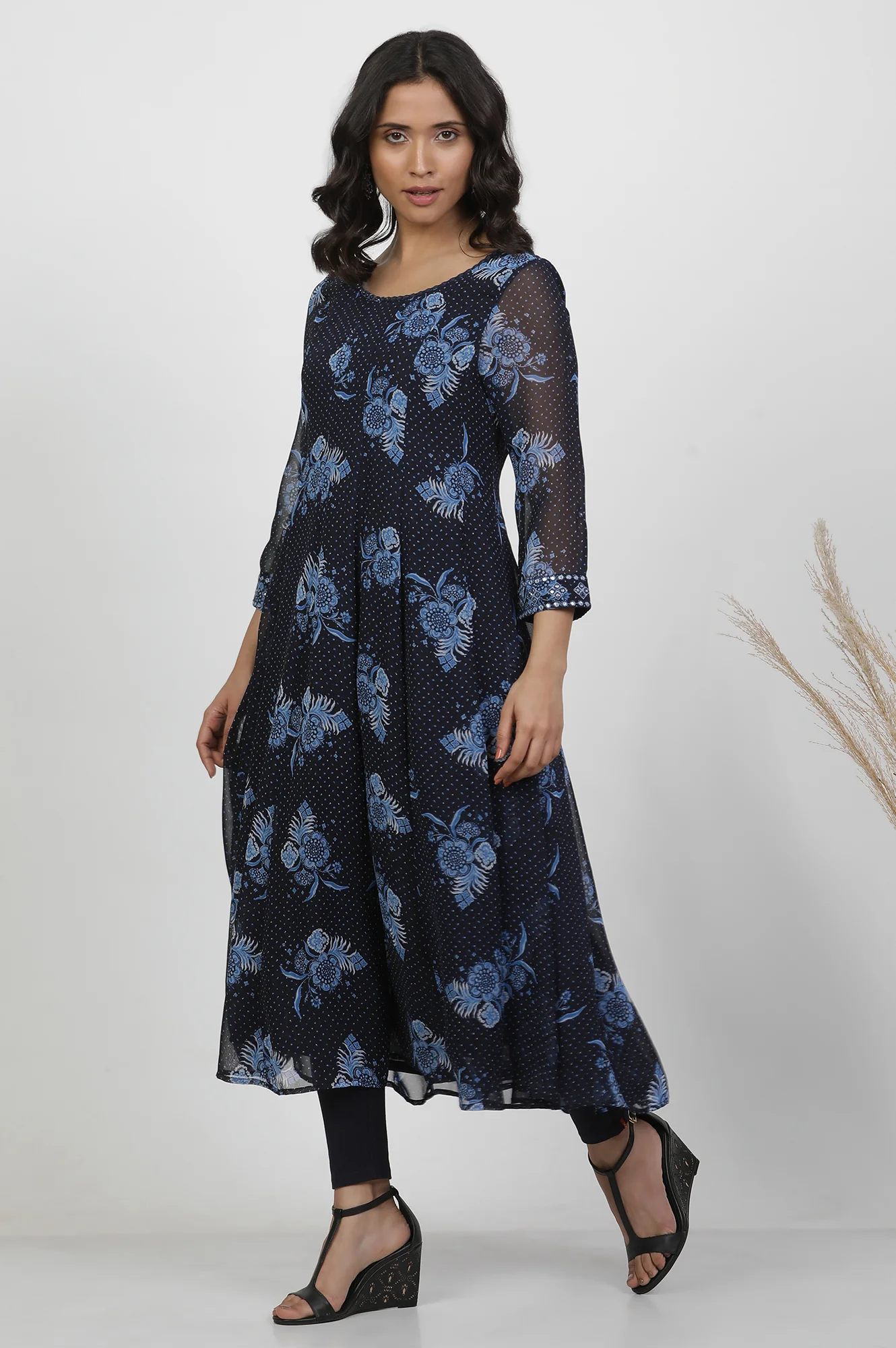Blue Floral Printed Flared Georgette Kurta, Tights And Dupatta Set - Image 3