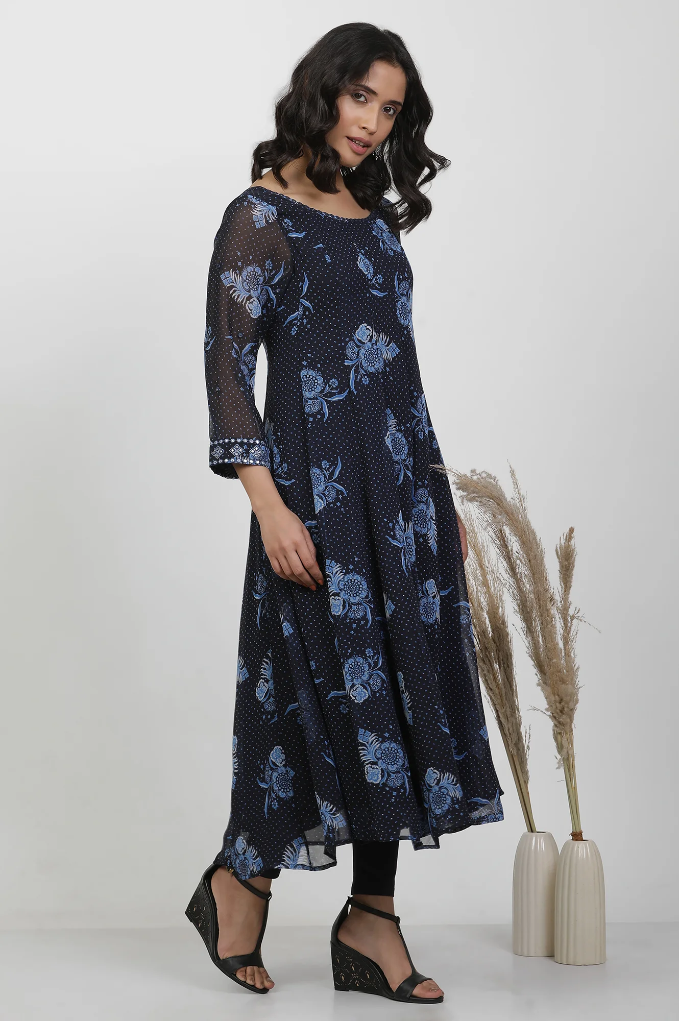 Blue Floral Printed Flared Georgette Kurta, Tights And Dupatta Set - Image 5