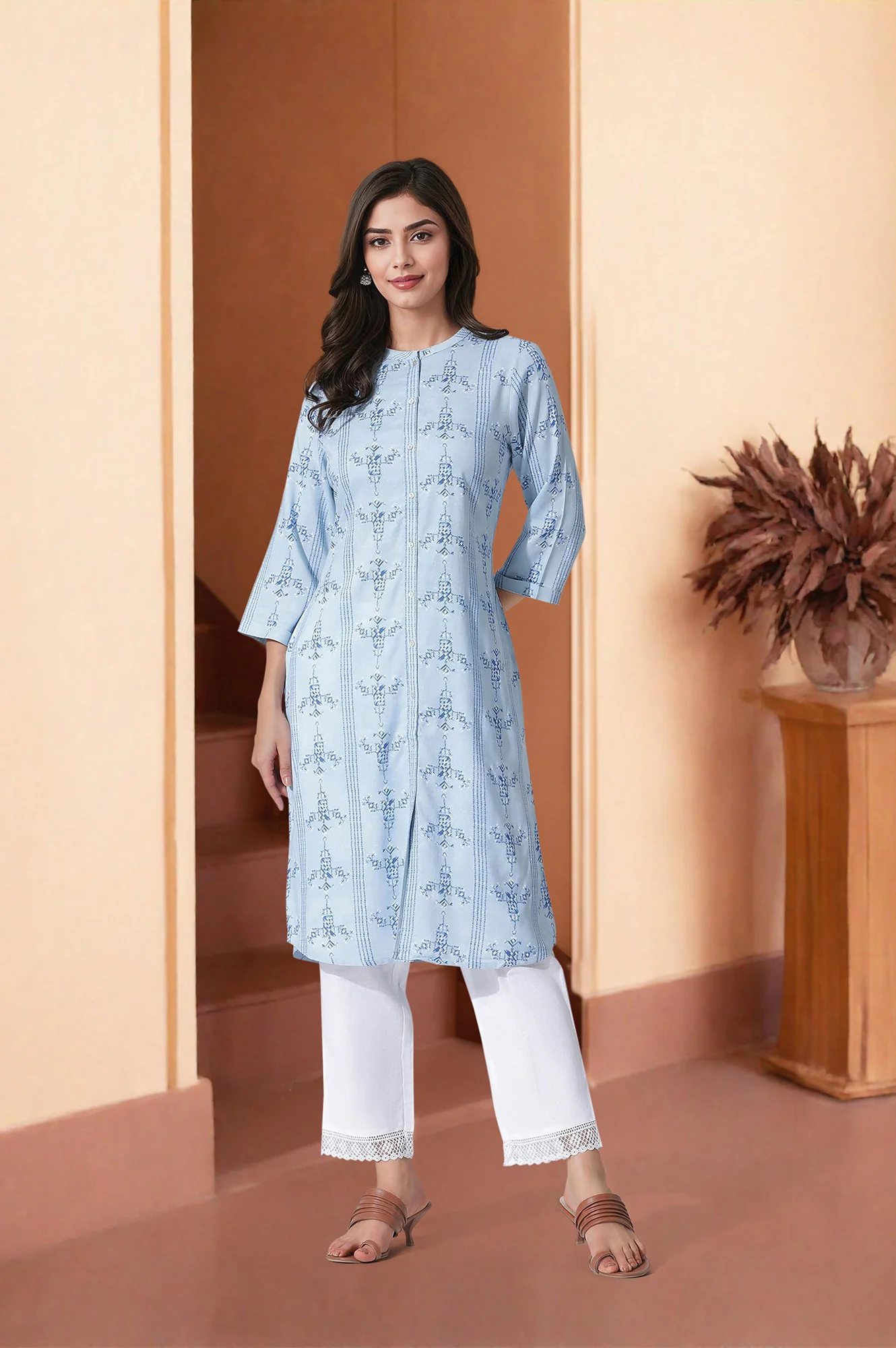 Blue Geometric Print Shirt Kurta And Straight Pants Set - Image 2