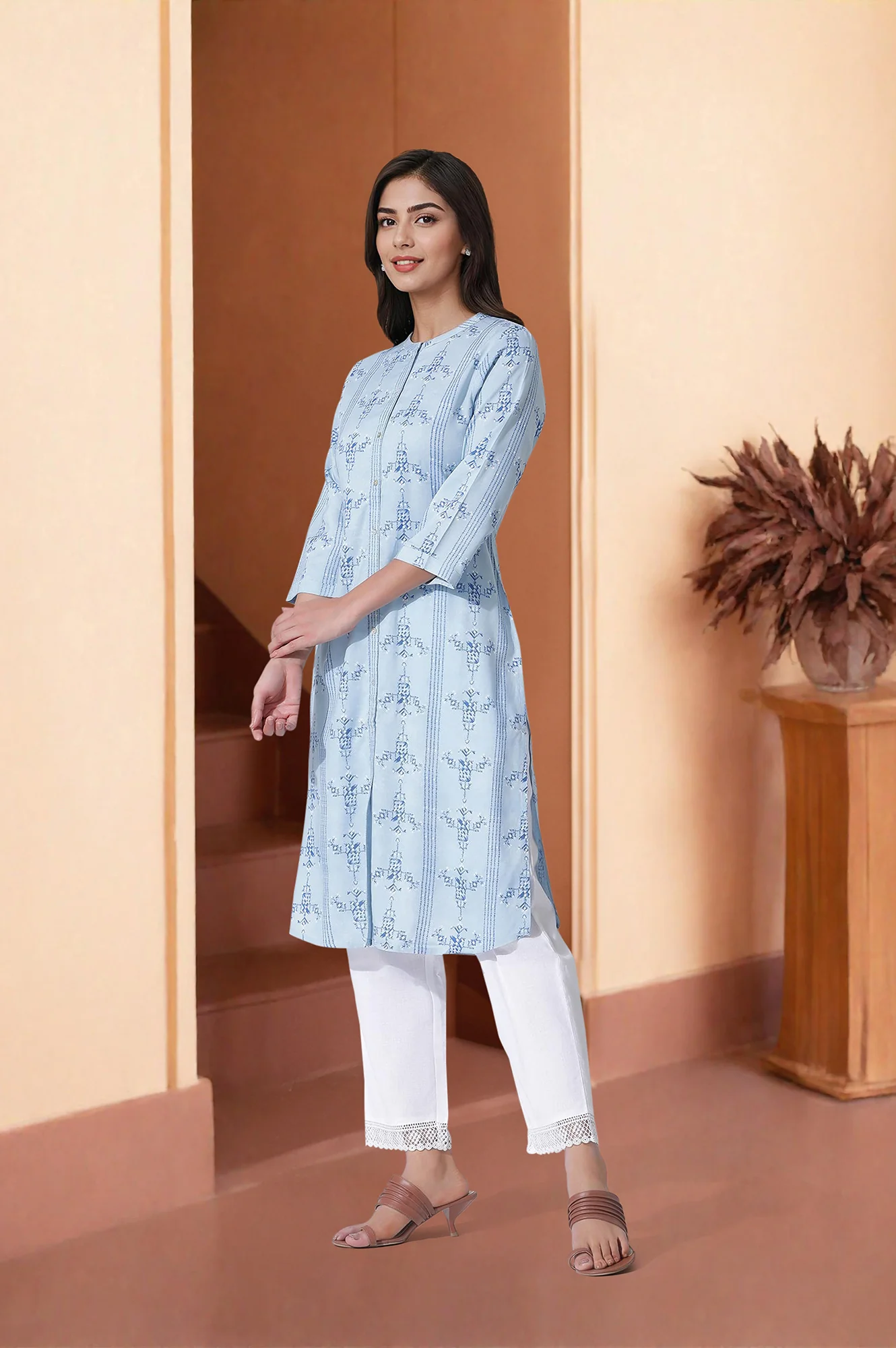 Blue Geometric Print Shirt Kurta And Straight Pants Set - Image 3