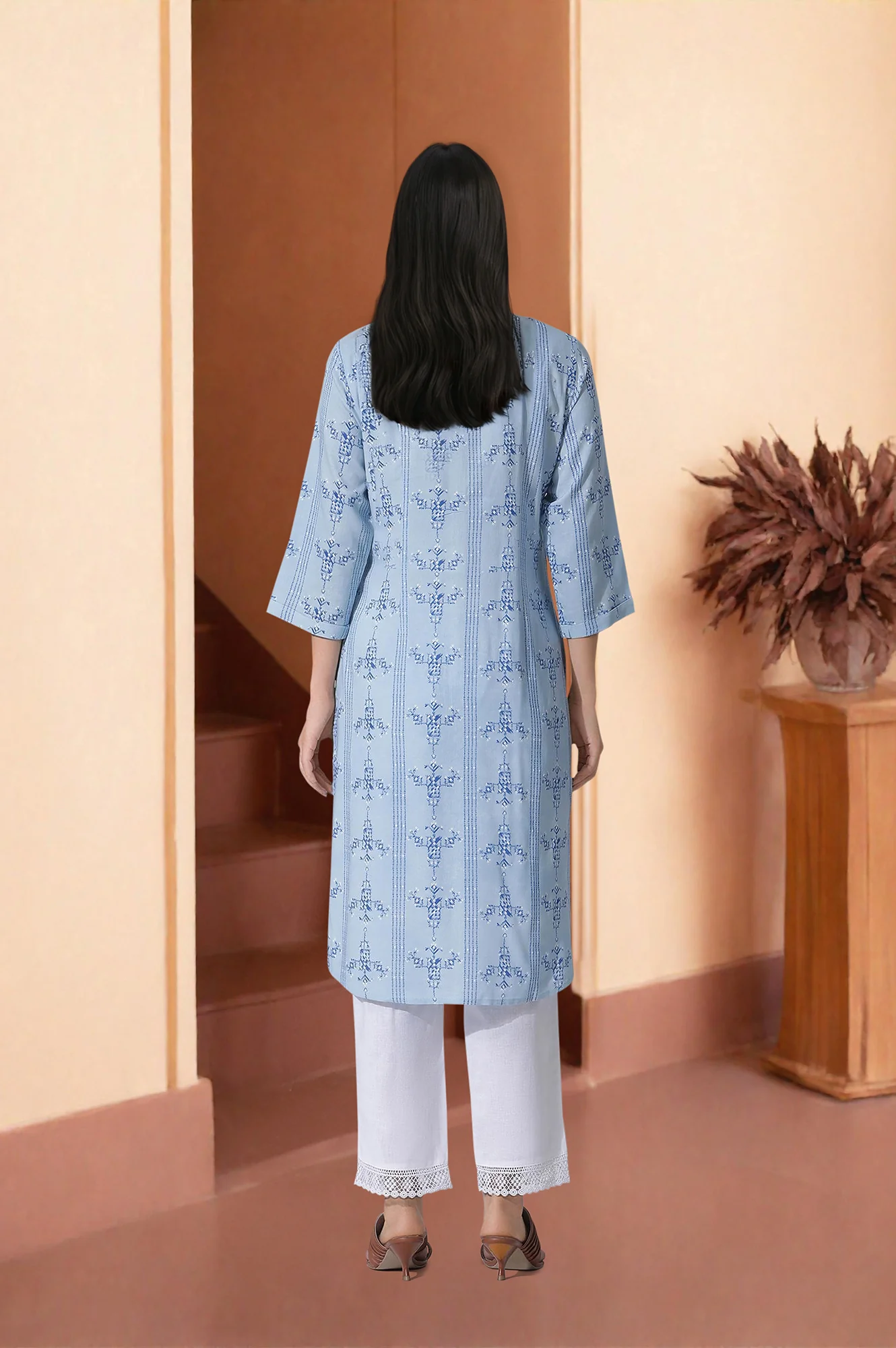 Blue Geometric Print Shirt Kurta And Straight Pants Set - Image 4