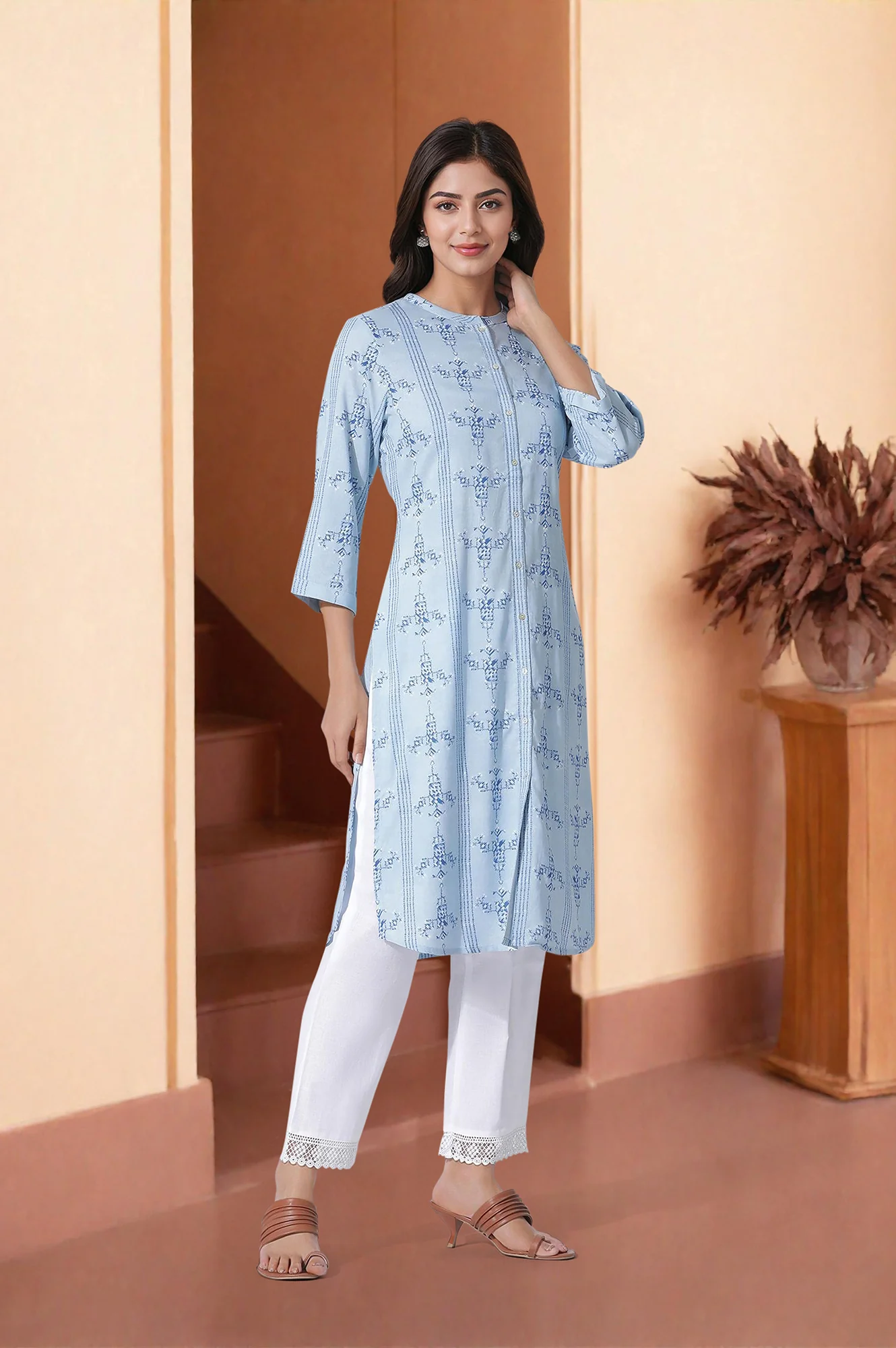 Blue Geometric Print Shirt Kurta And Straight Pants Set - Image 5